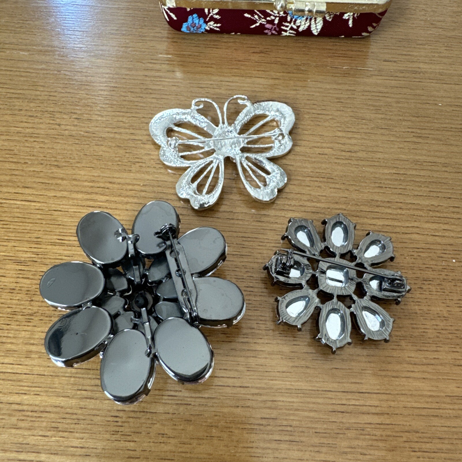 3 PIECE SPARKLING FLOWERS/Butterfly BROOCH LOT And Small Case See Pictures