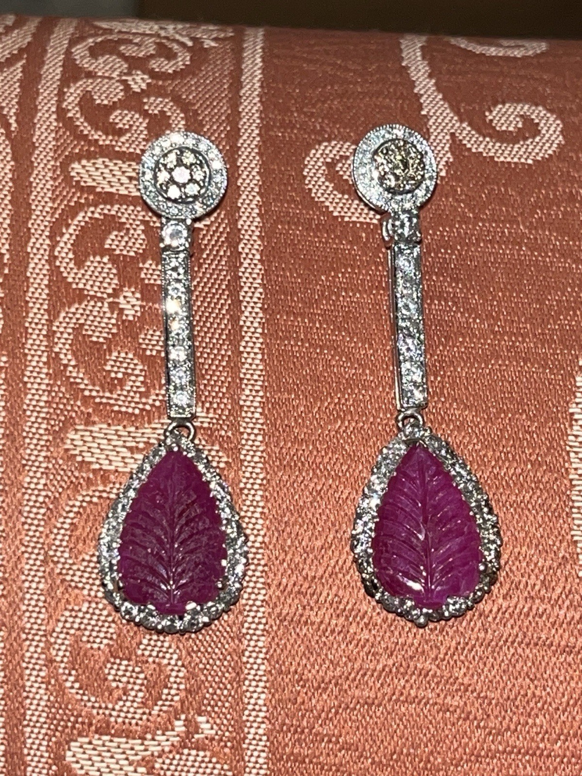Large 14K Solid Gold Authentic Natural Ruby Diamond Leaf Earrings AGI Certified!