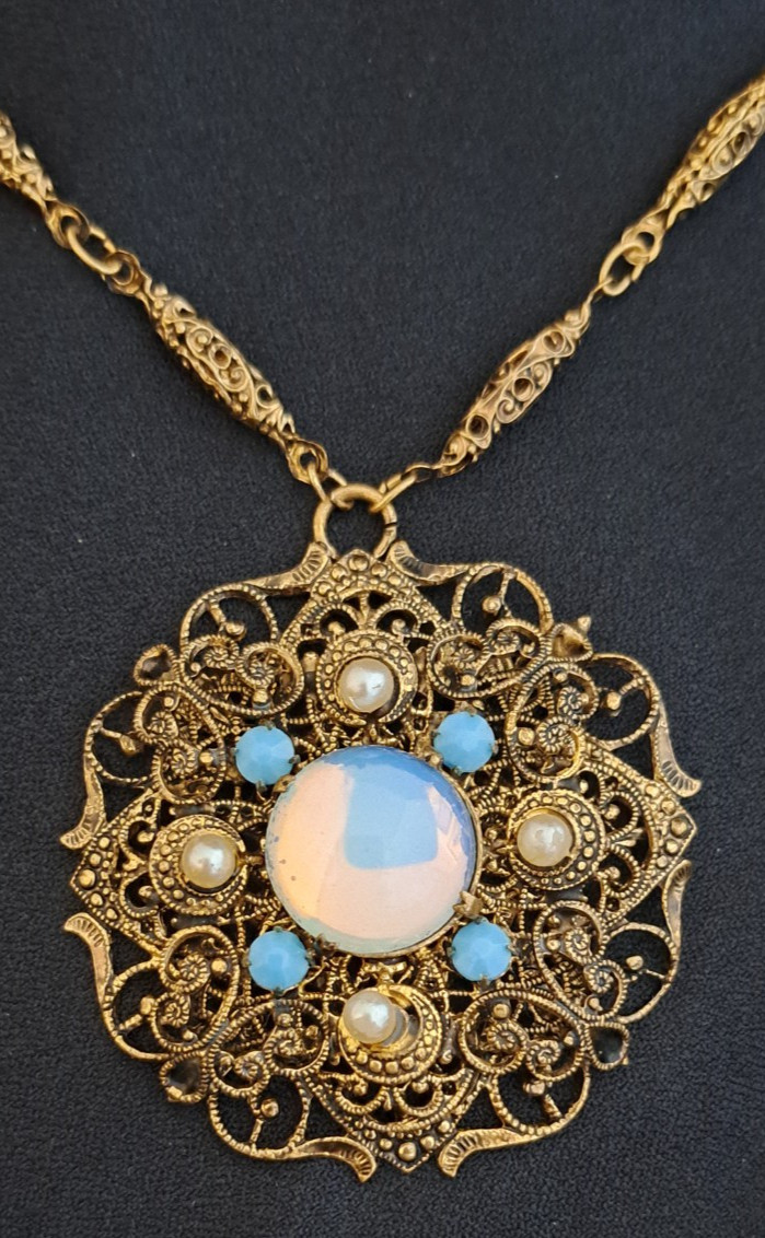 Vintage W. Germany? Gold Filigree Opaline Cabochon & Accented Pendant Necklace