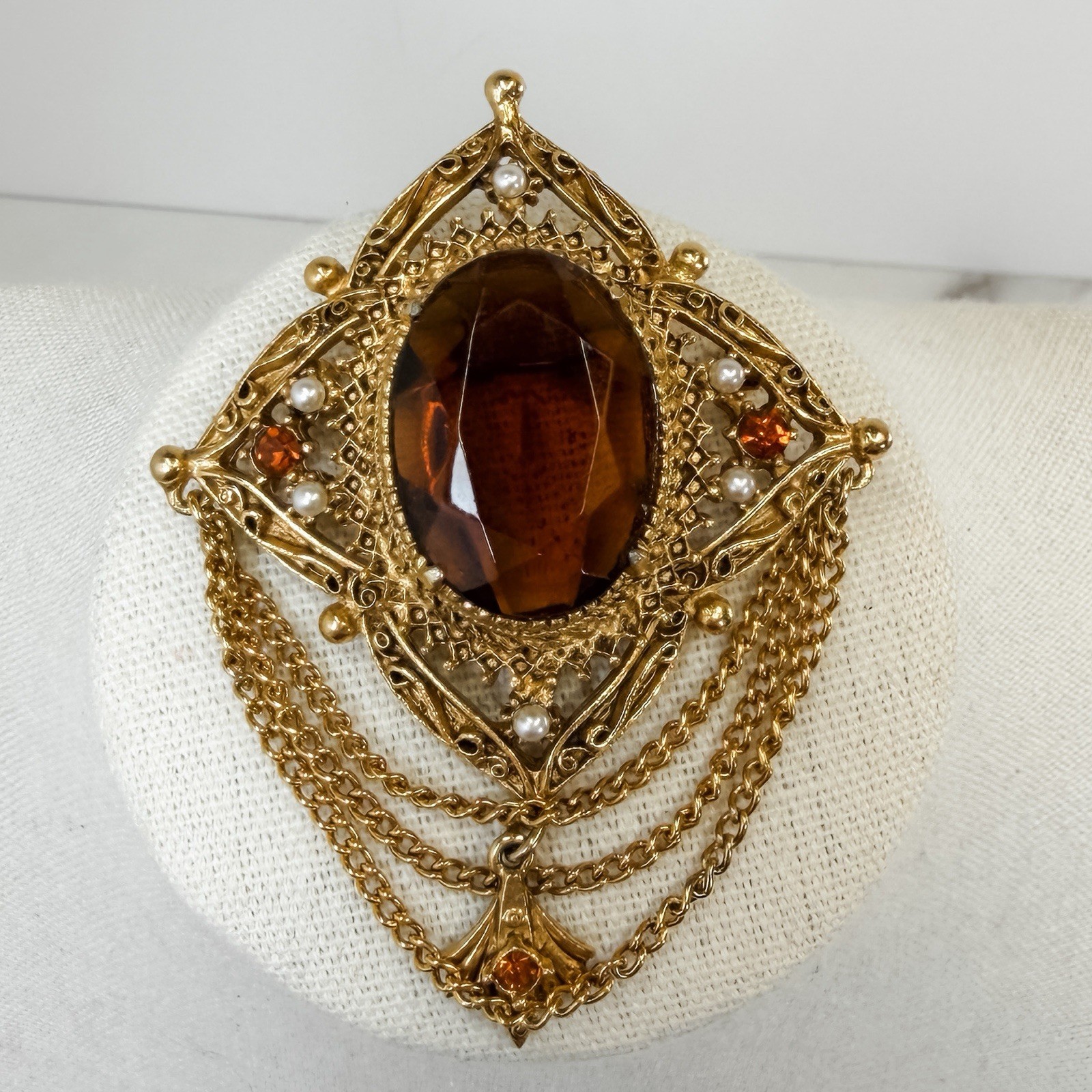 Vintage Florenza Victorian Shield Brooch & Earrings Set Gold Amber Pearl Glass