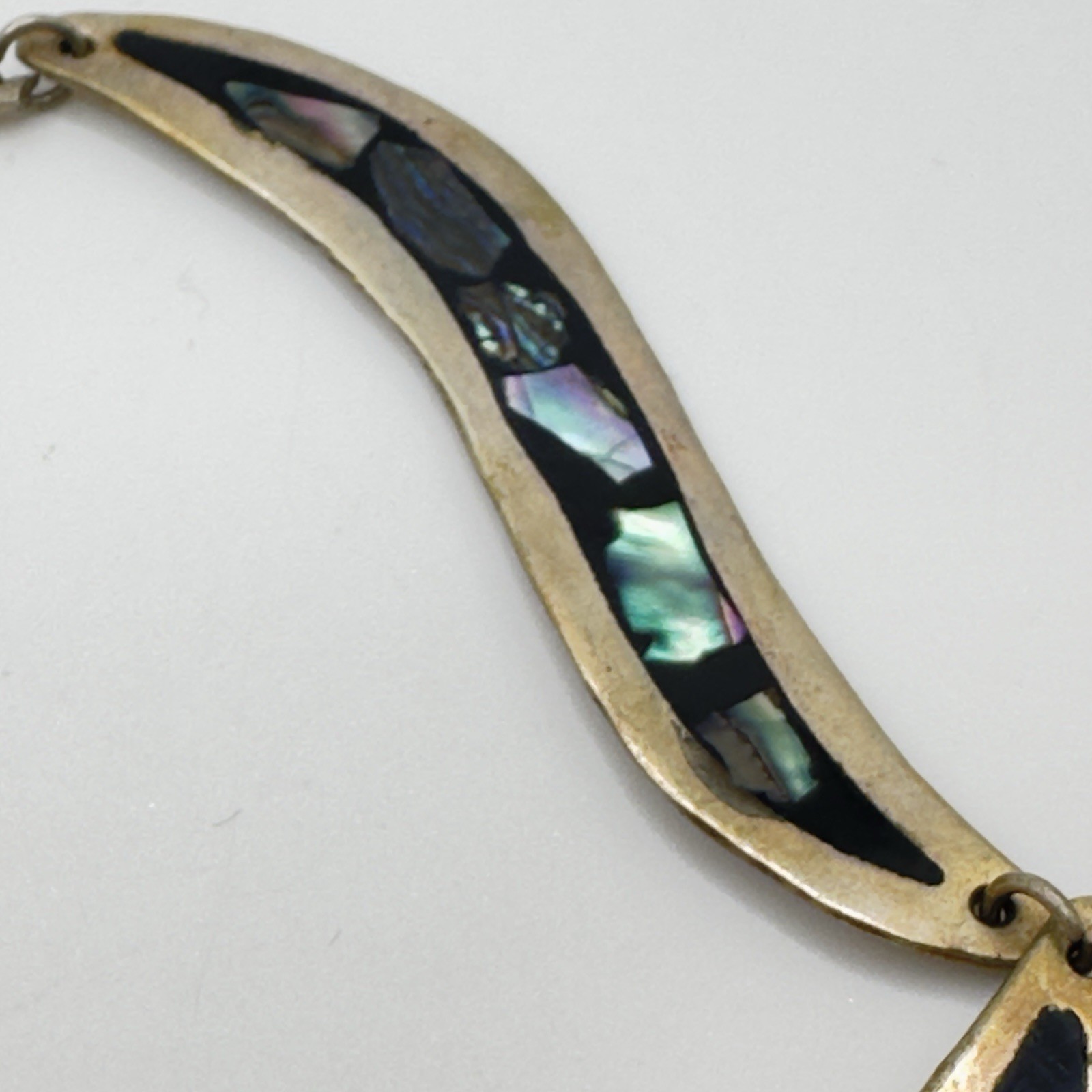 Vintage Mexican Alpaca Abalone Inlay Necklace 17″ Panel Link Drop Pendant