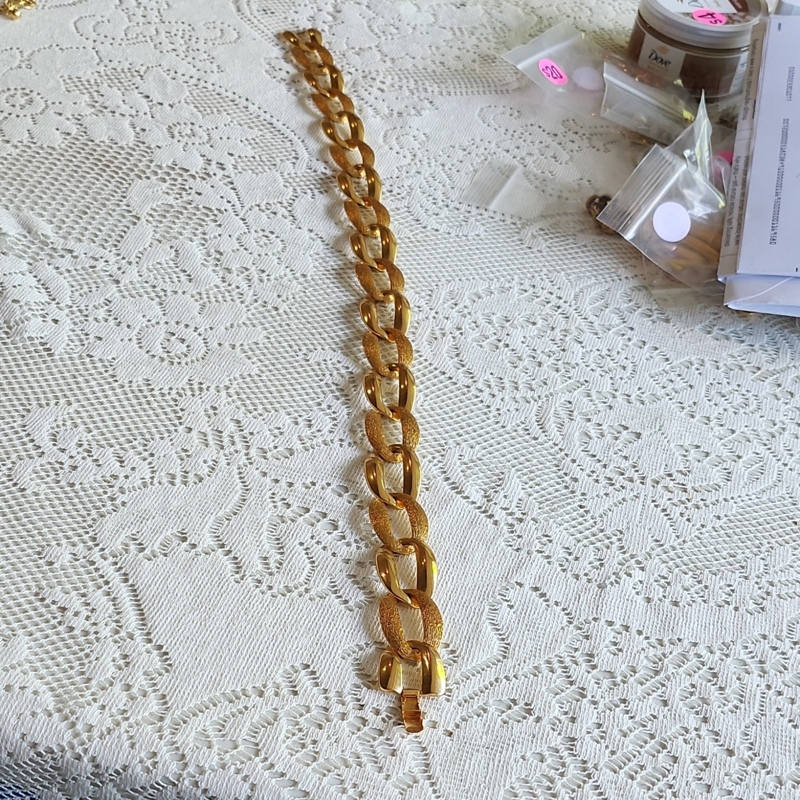 Gold Tone Textured Oval Link Chain Bracelet Box Clasp Unisex Adults Fashion