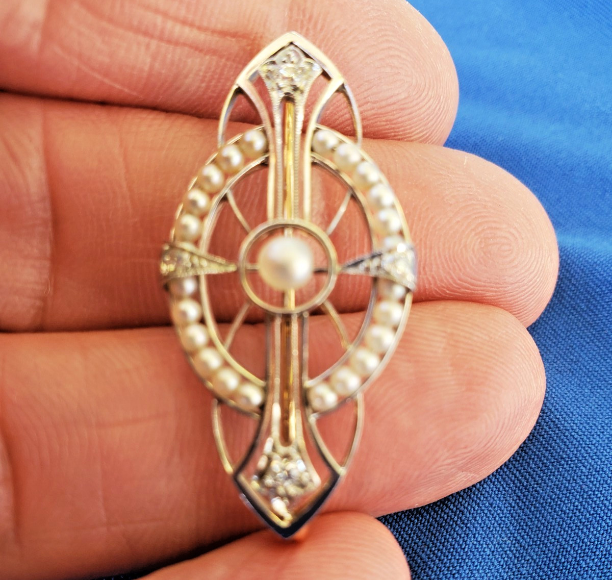 Original EARTH MINED DIAMOND Deco Brooch Gatsby era Vintage Pearl SOLID 14K GOLD