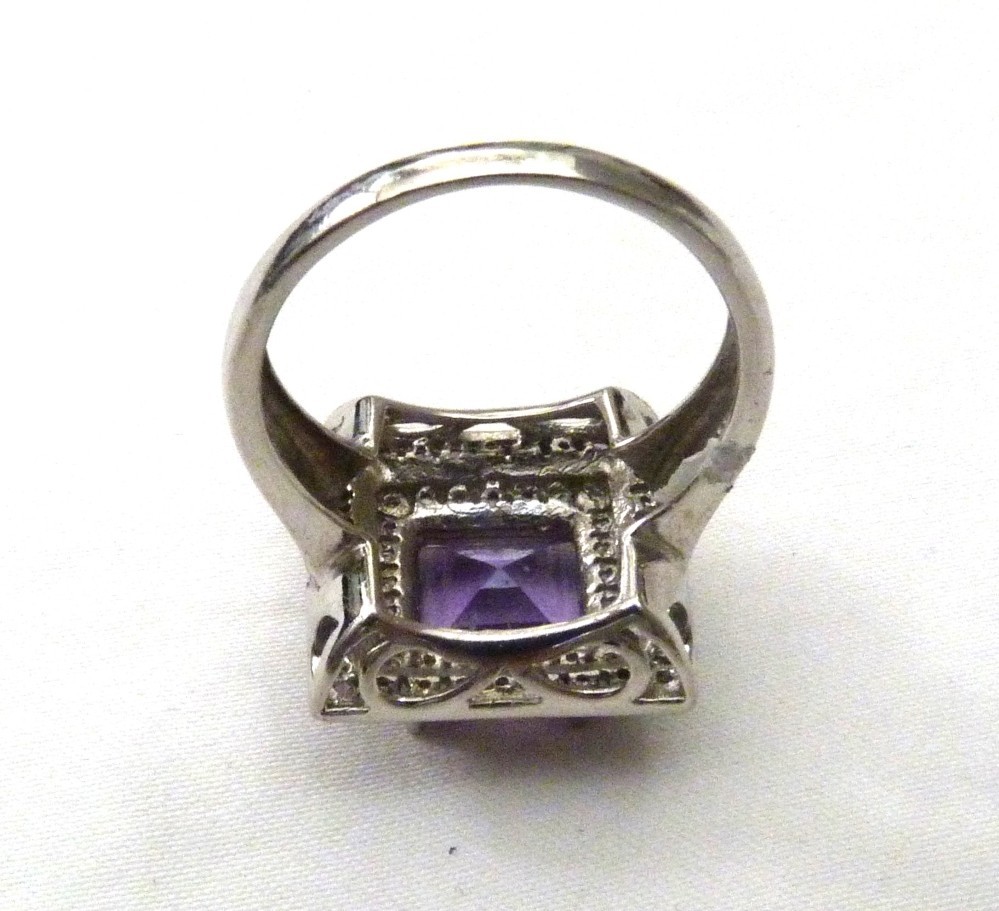 DESIGNER TC 5.62 ASSCHER AMETHYST HALO WHITE ZIRCON STERLING SILVER RING SZ 10