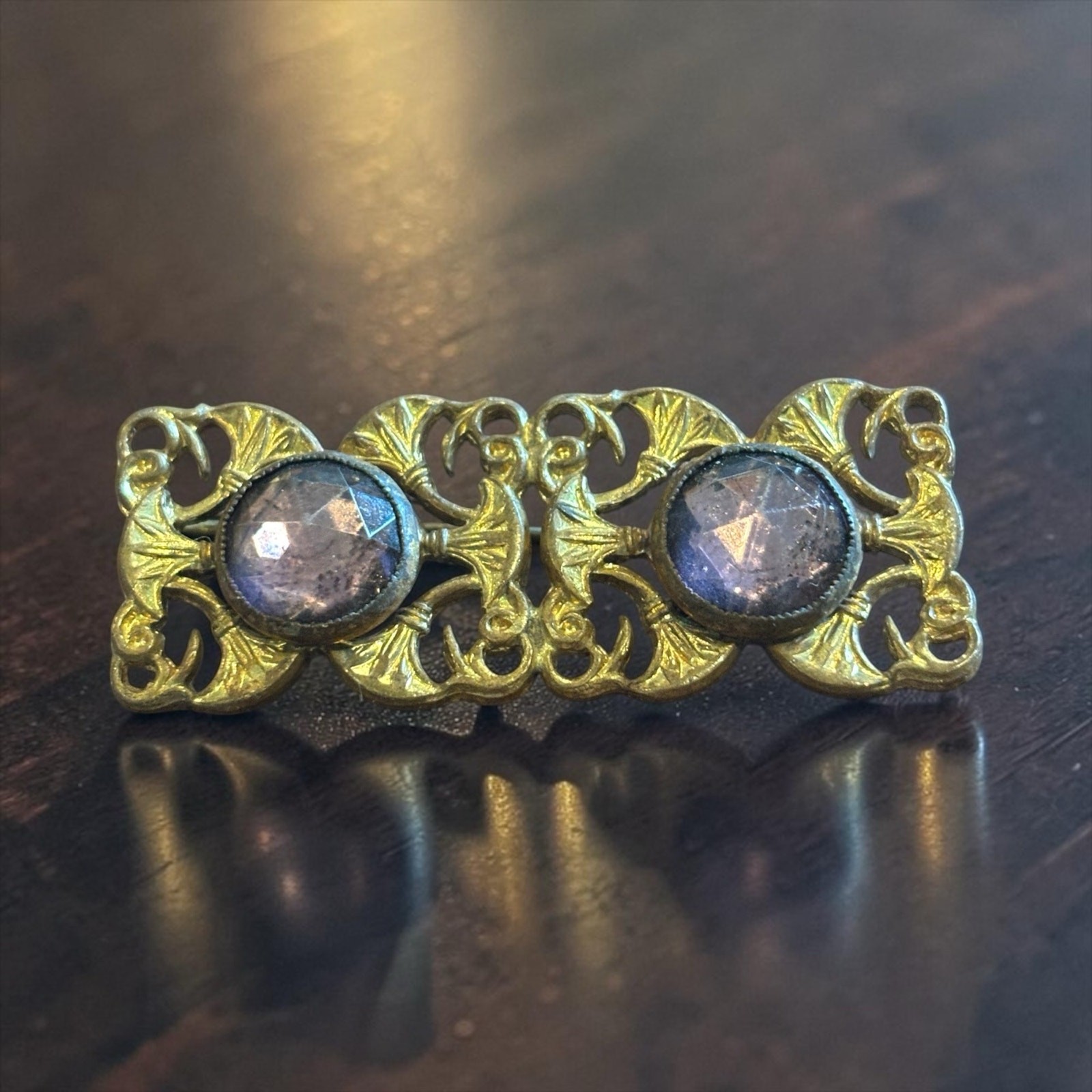 Vintage Art Nouveau Revival Brass Tone Brooch Purple Glass Cabochon Pin