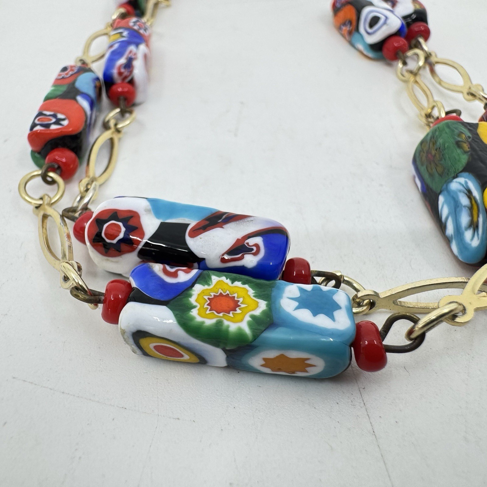 Vintage Millefiori Rectangle Glass Bead Necklace Gold Tone 29”