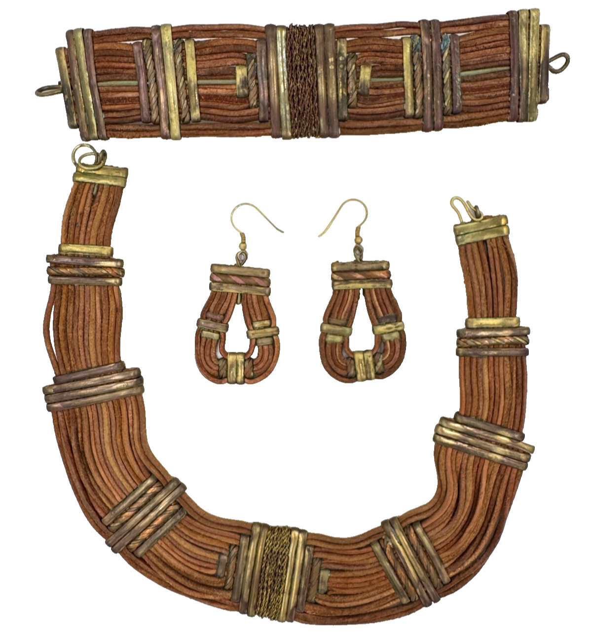 ETHNIC AFRICAN VINTAG SET EARRINGS NECKLACE BRACELET GENUINE LEATHER CORDS BRASS