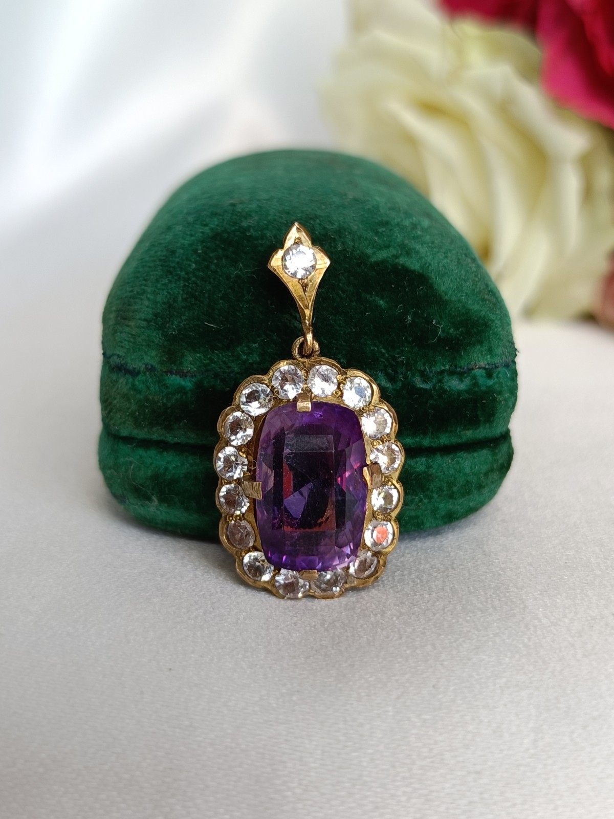 Fabulous Vintage 1930’s Art Deco 9ct Gold Amethyst & White Sapphire Pendant