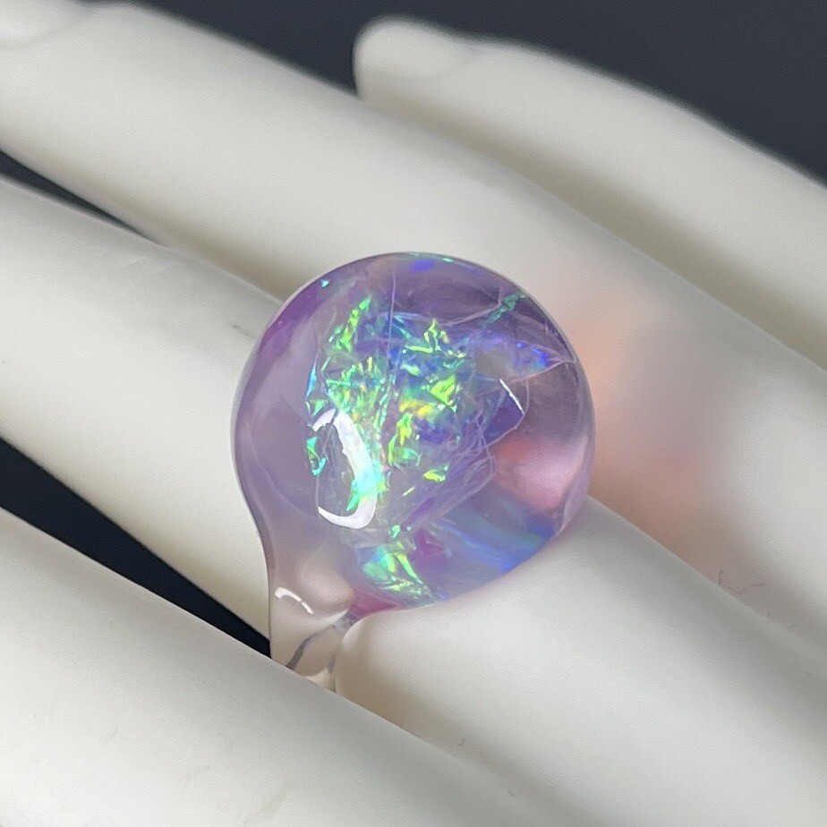 Pink Clear Lucite Dome Ring Size 7.75-8 Iridescent Opalescent Retro Moon Ring