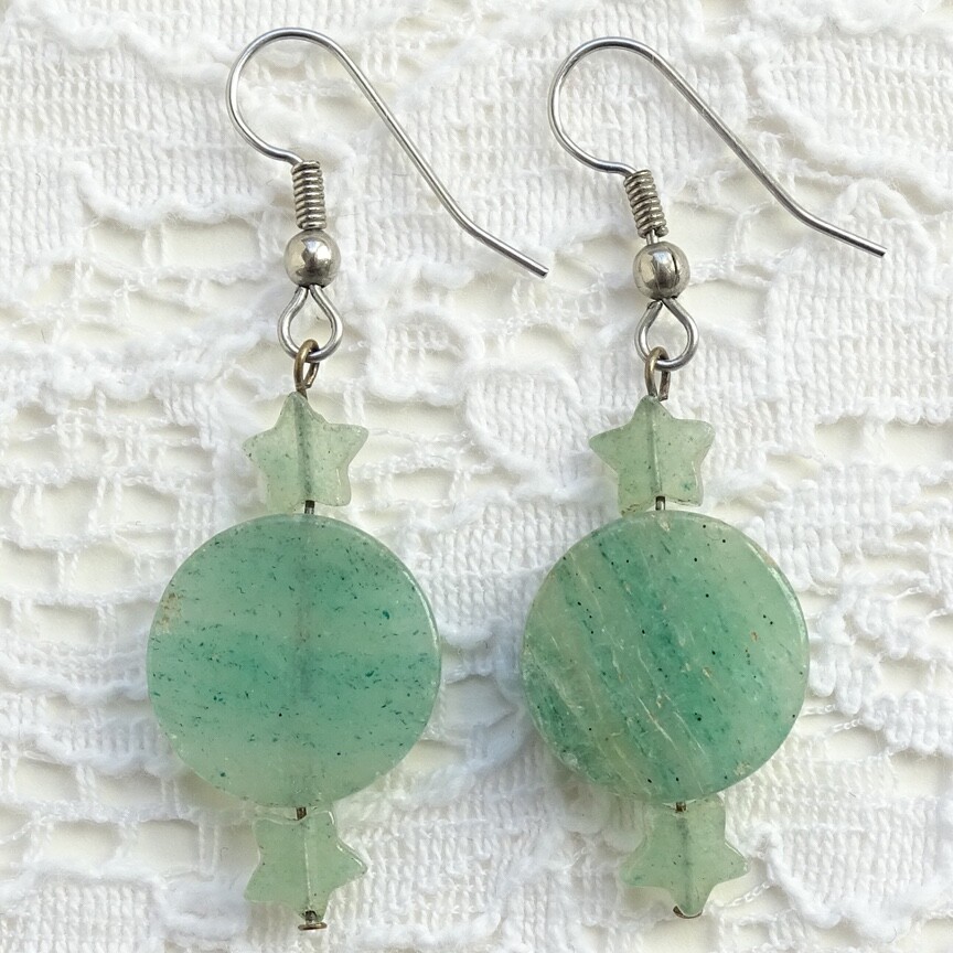 Vtg Green Chrysoprase Gemstone Celestial Dangle Pierced Earrings Moon Stars 2″
