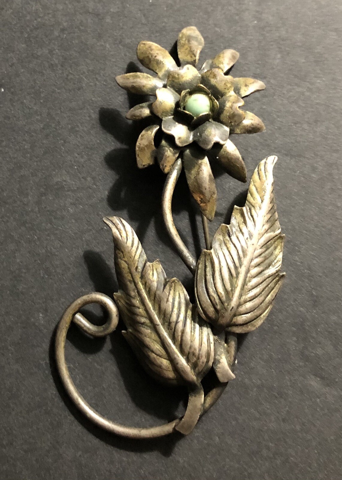 Large Vintage Bronze Color Flower Bouquet Brooch Pin w/Green Turquoise Men/Women