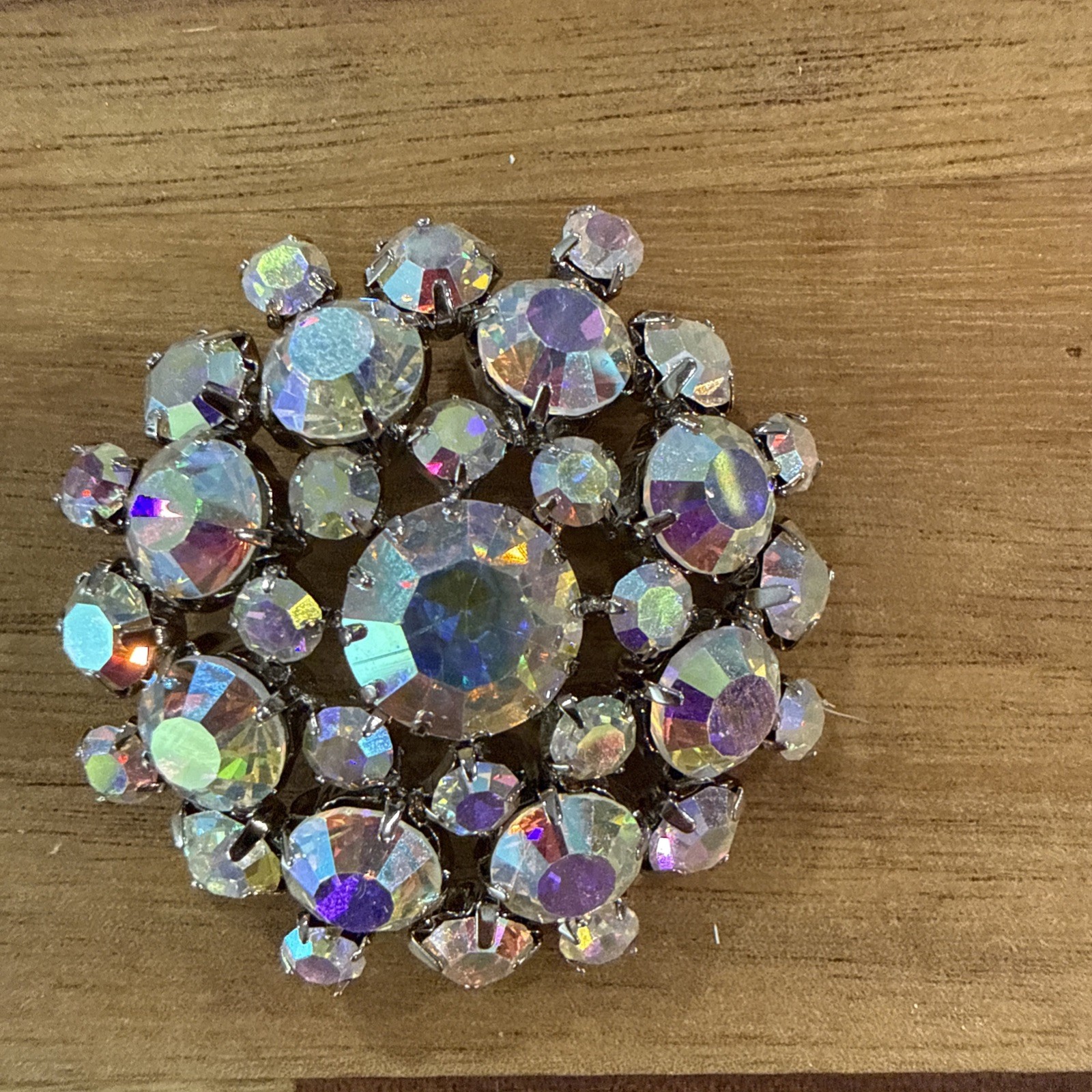 Vintage Aurora Borealis Rhinestone Button Snowflake Starburst Silver Shank.