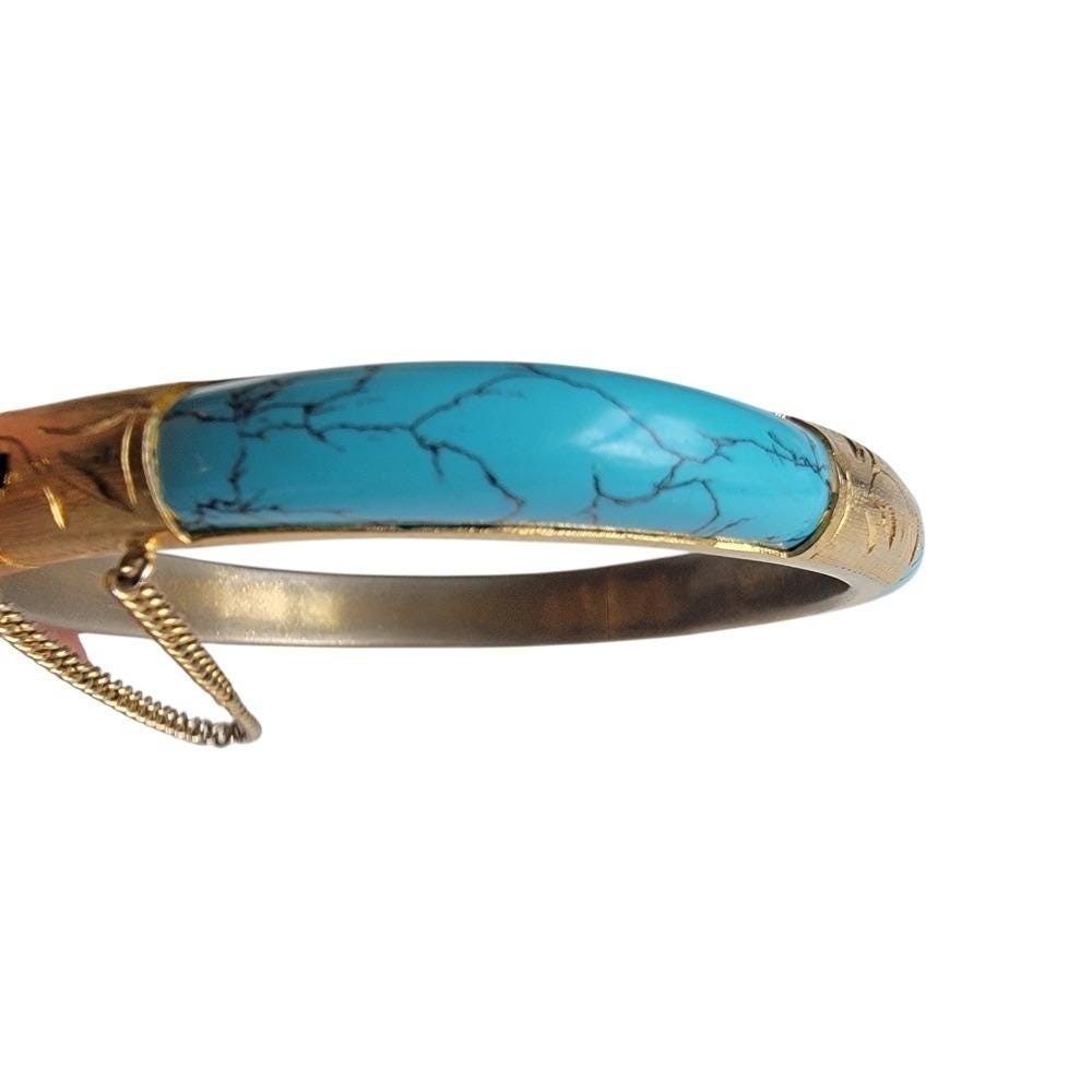 Vintage Faux Turquoise Hinged Bangle Bracelet Gold Tone Mid Century Size 6.5