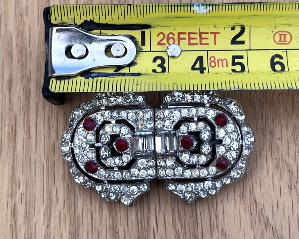 KTF Trifari Red Clear Rhinestone Art Deco Duette Brooch Dress Clip Clip-Mates 2″