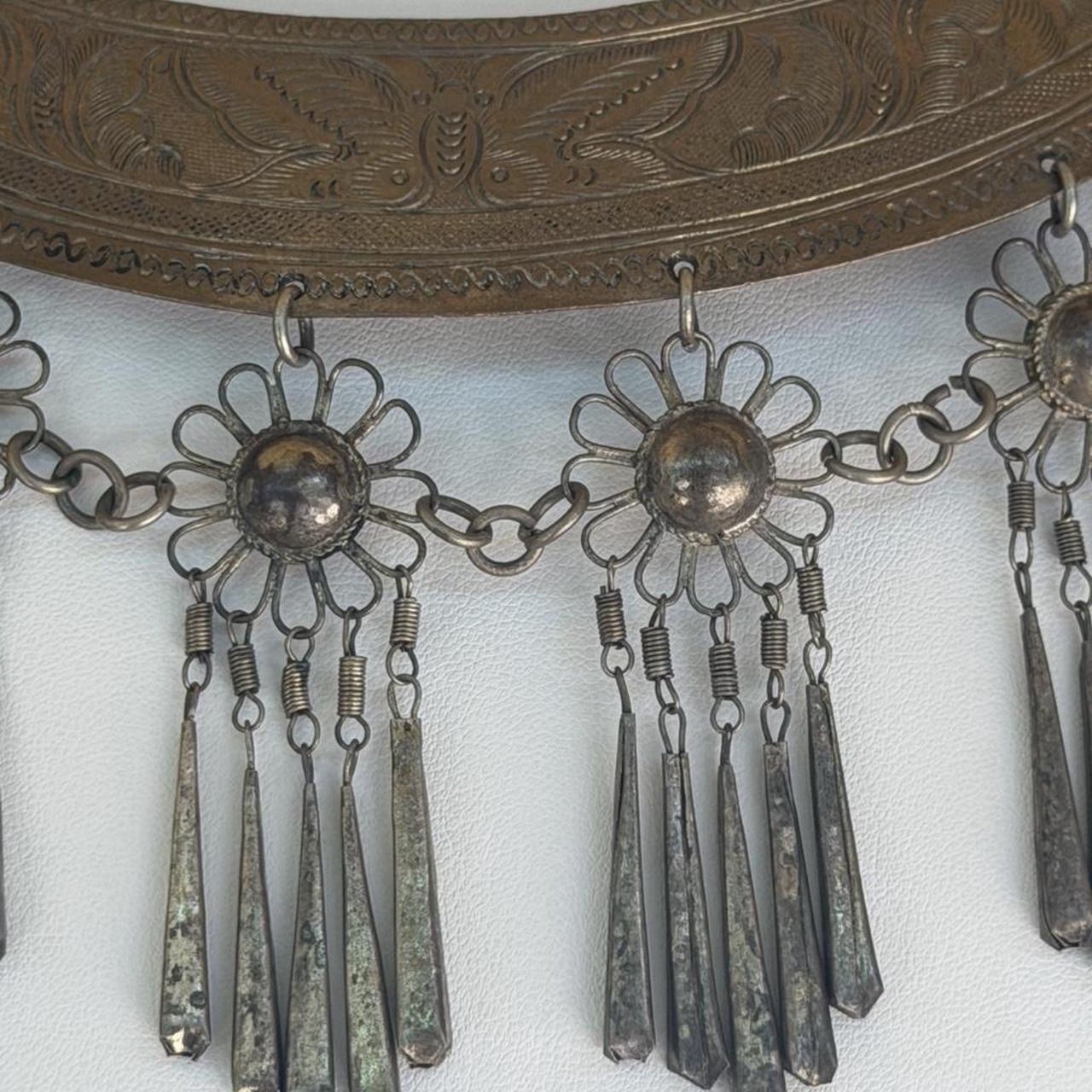 Vintage Hmong Miao Tribal Torque Collar Silver Flower Fringe Bib Choker