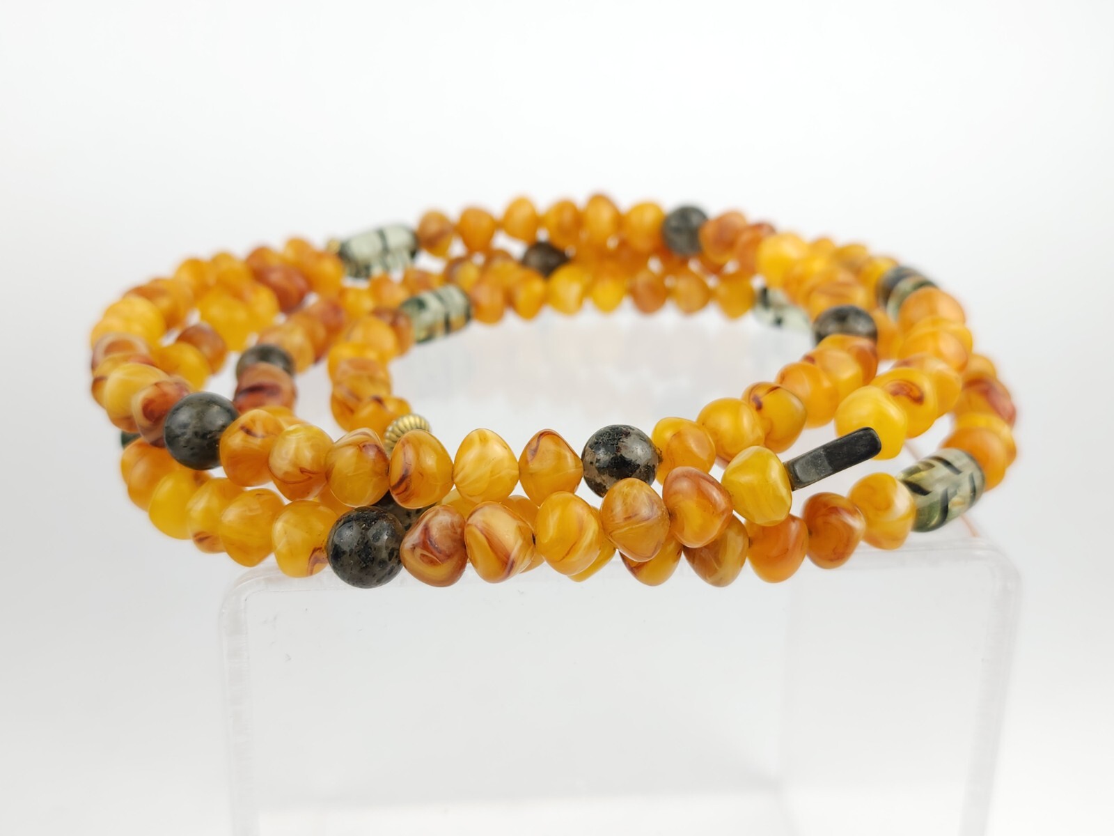Vintage Amber Tone Memory Wire Choker Necklace Fluorescent Glass & Gemstones 56g