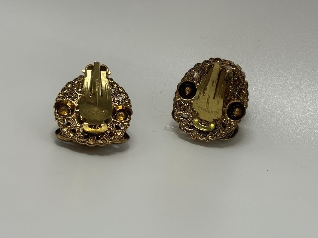 W. Germany Gold/Green Vintage 1950s Layered Filigree Brooch & Earrings Parure Se