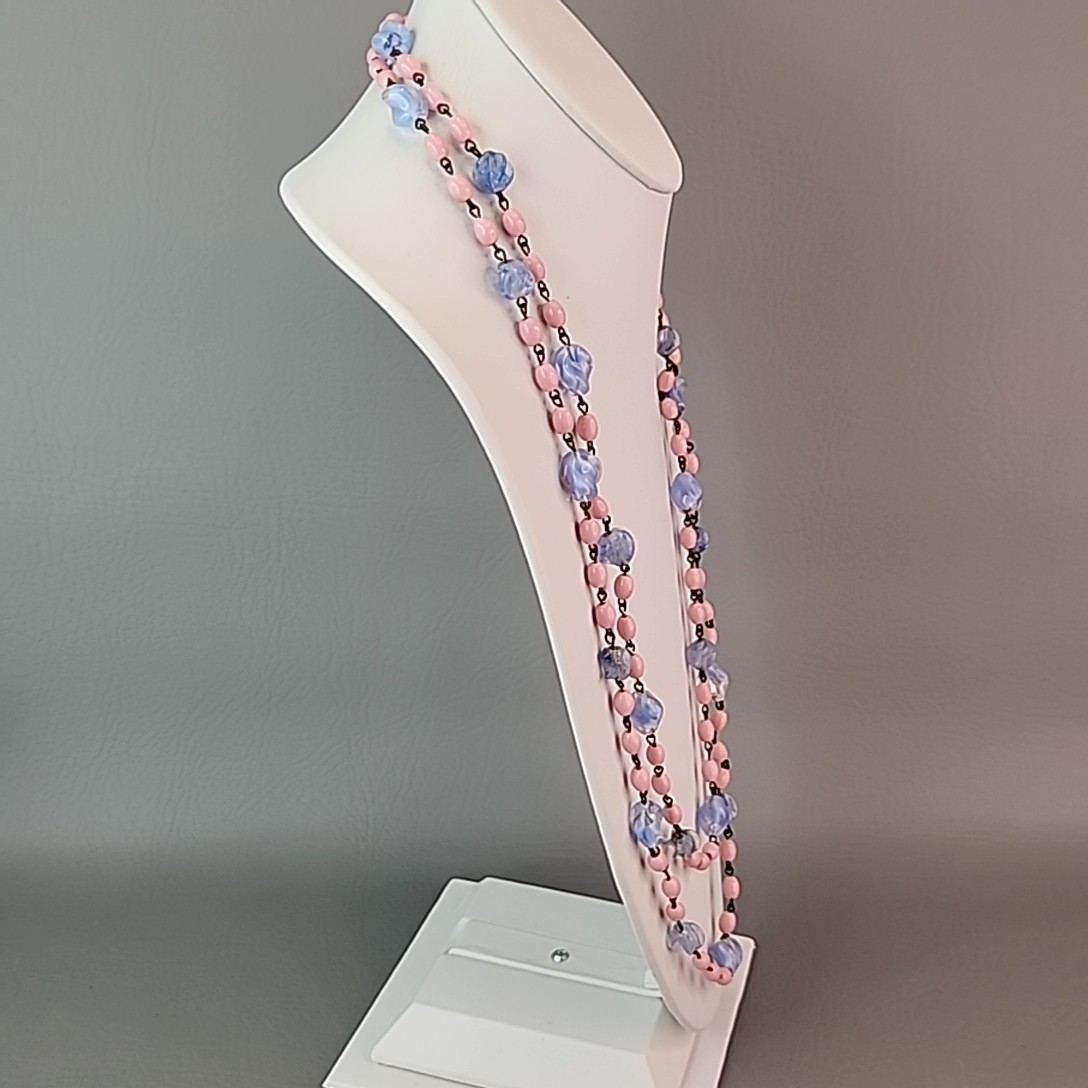 Vintage Art Deco Beaded Necklace Blue Givre Pink Milk Glass 59″ Long Flapper