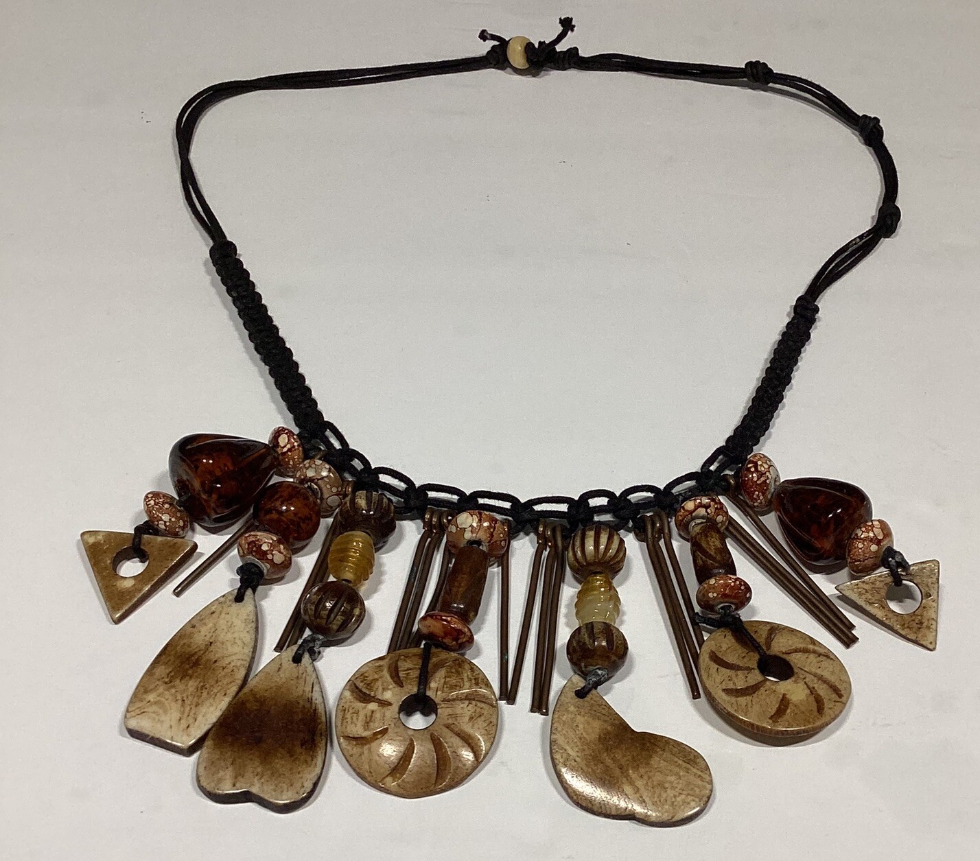 VTG African Rustic Carved Stone Earth Tone Beads Necklace Boho Cottage-core HTF