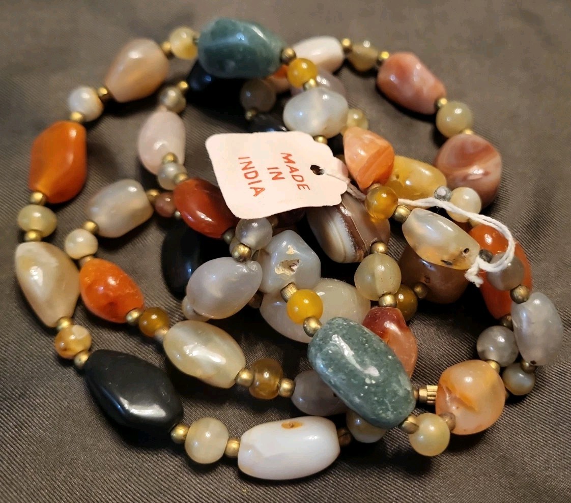 VTG Polished Gemstone Beggars Bead Necklace Agate, Aventurine, Quartz 37″ NOS