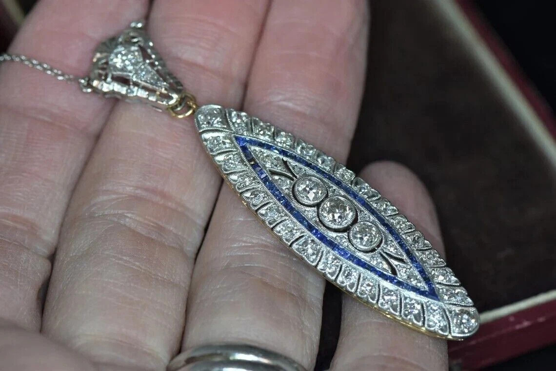 Art Deco Style Lab Created Diamond & Sapphire 14K White Gold FN Wedding Pendant