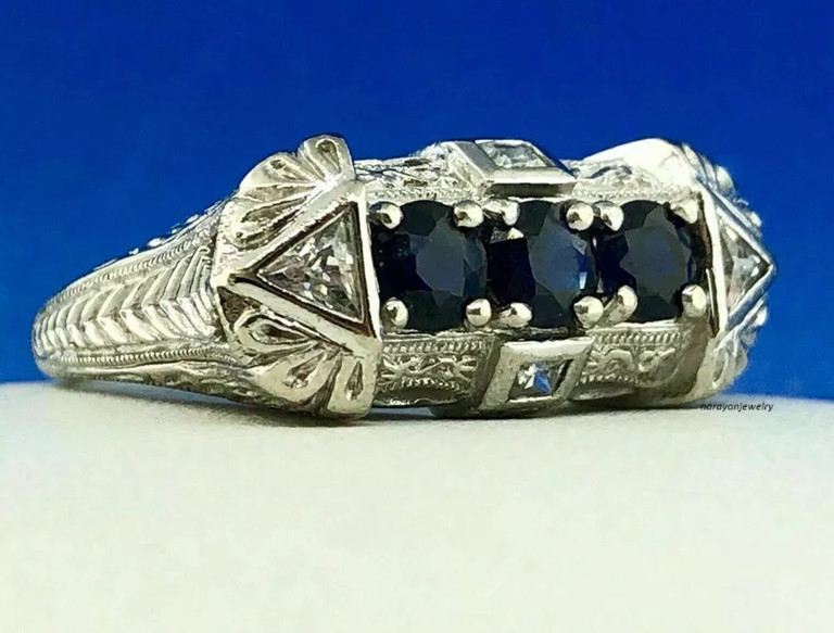 Edwardian Women’s 2Ct Sapphire Antique Engagement Ring 14K White Gold Plated