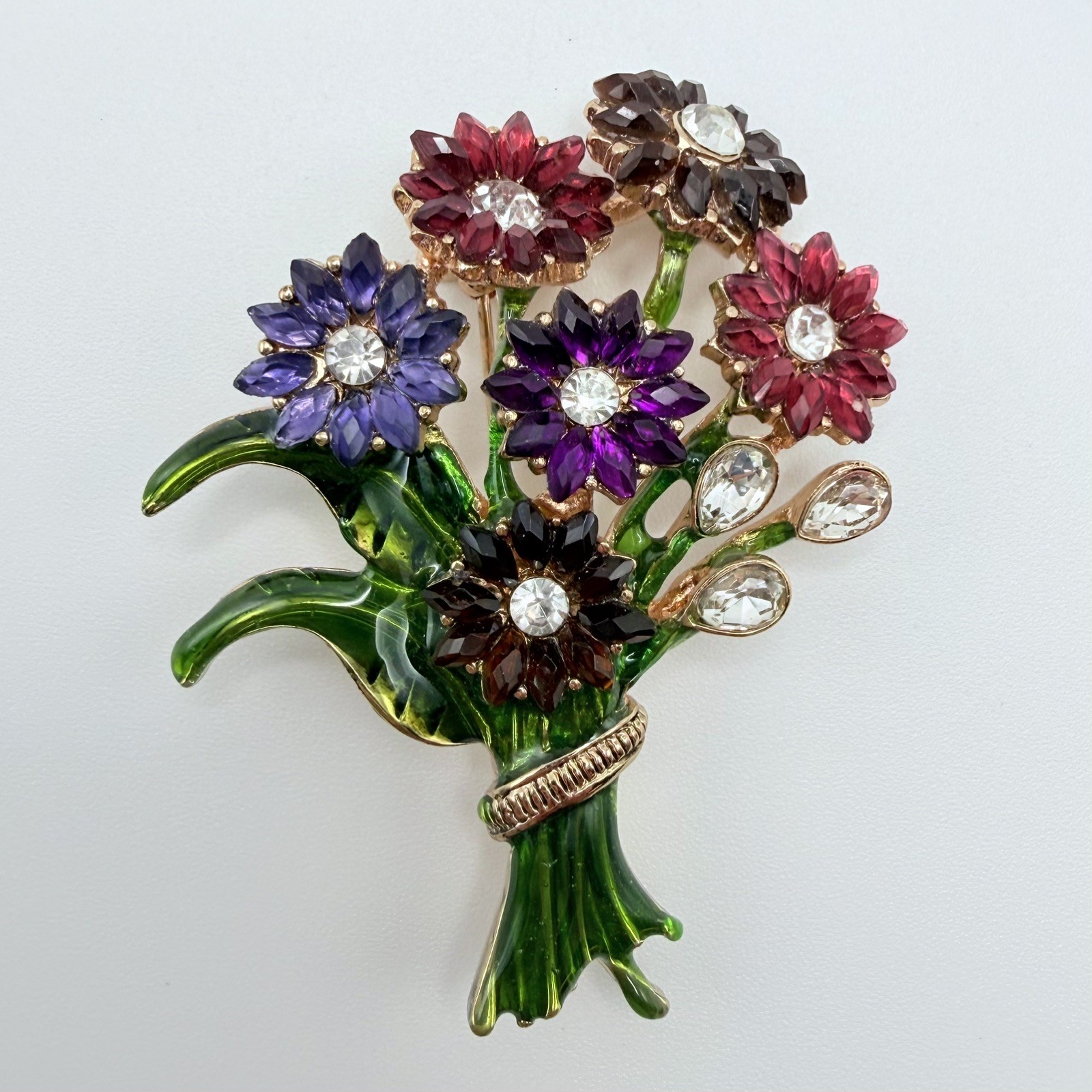 Napier Gold-Tone Enameled Colorful Bouqet Flowers Rhinestone Brooch Pin