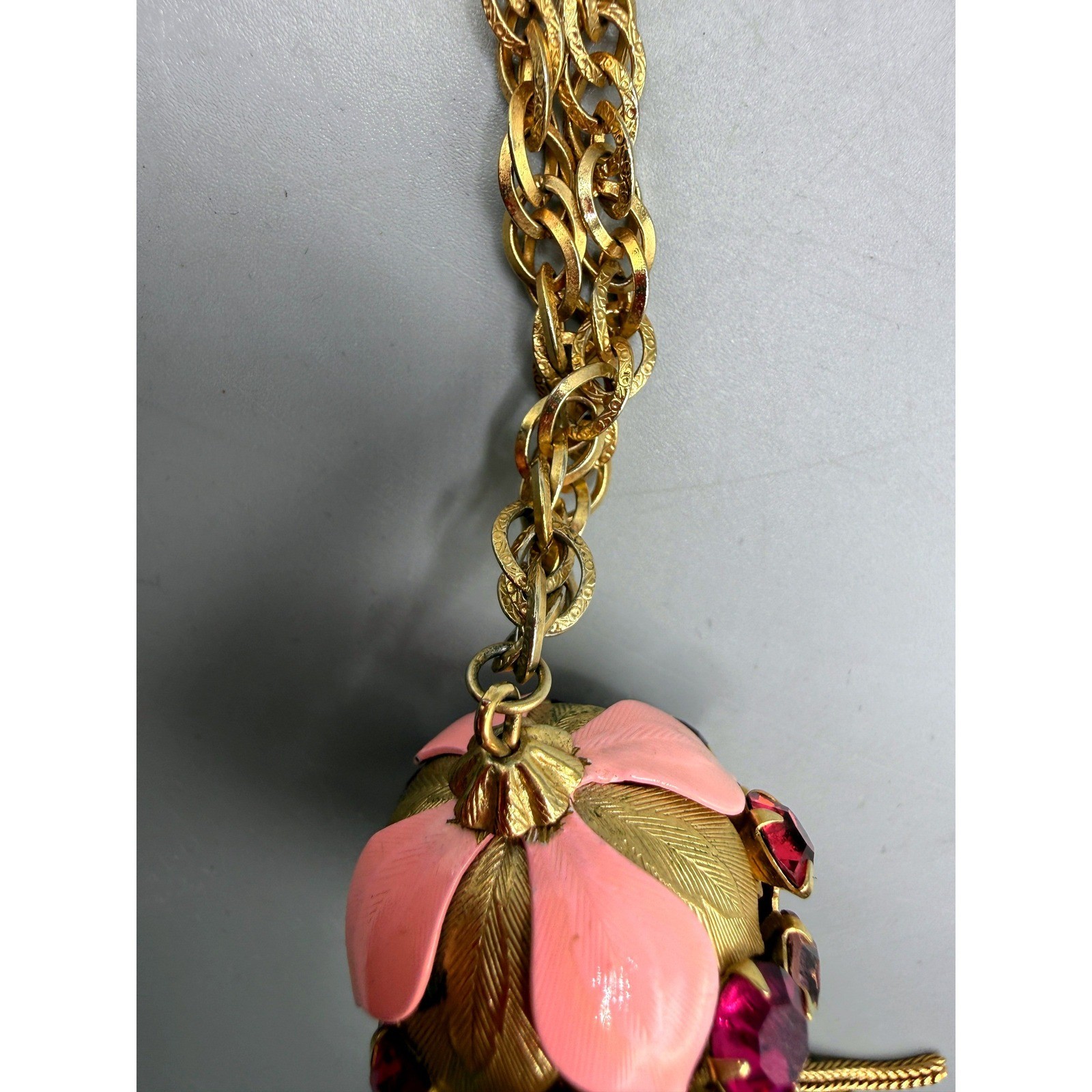 Vintage Gold Tone Orb Pendant Necklace Pink Enamel Rhinestone Tassel 28 Inch