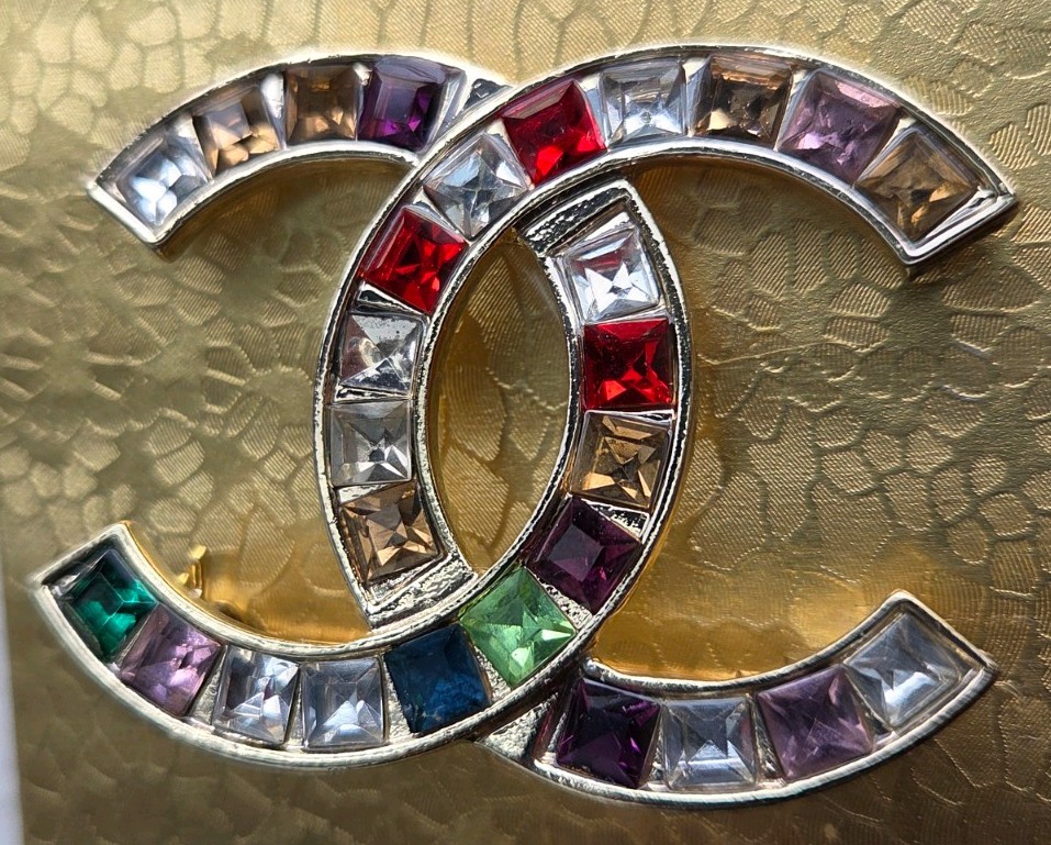 Vintage Designer Brooch Colorful Crystals Rhinestones Gold Tone Almost 2″