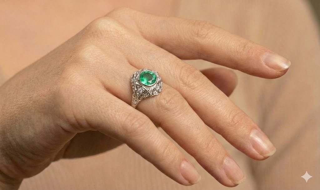 Vintage 14k White Gold Engagement Ring 1.35CT. Natural Round Colombian Emerald
