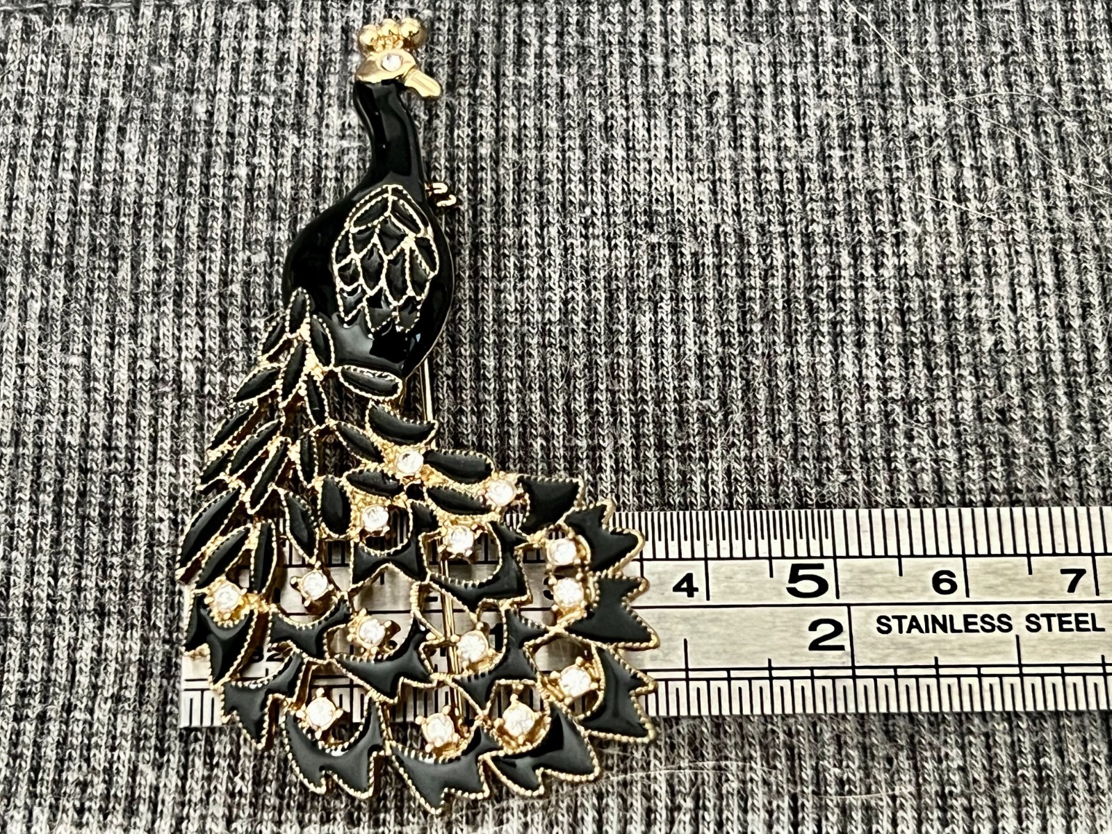 Vintage Enamel Rhinestone Peacock Era Brooch Gold Tone Black Gold Tone Bird Pin