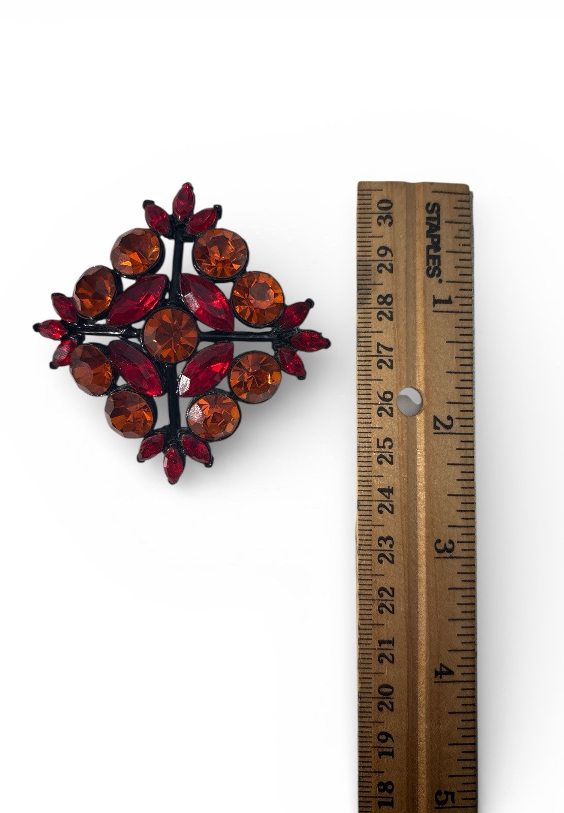 Vintage Signed Edlee Black Enamel Red Orange Rhinestone Brooch Pin