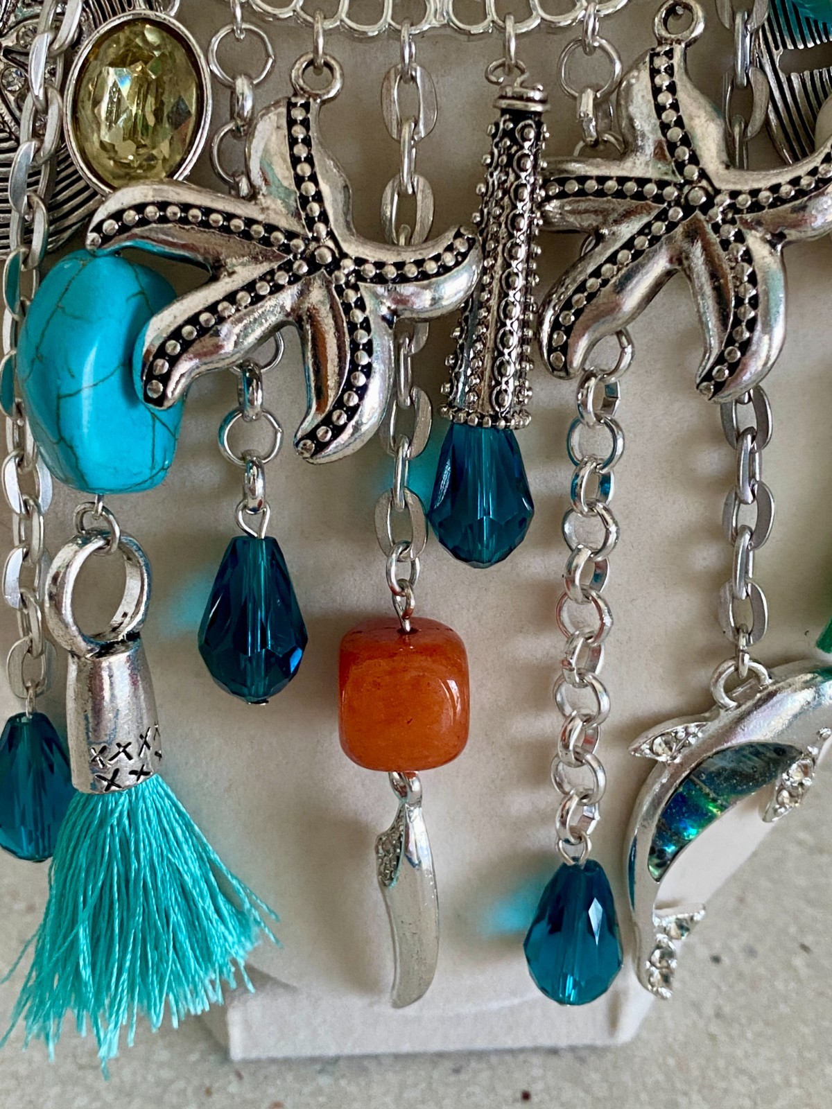 Boho Style Coastal Beach Statement Necklace Silver Tone Bib Bohemian Starfish