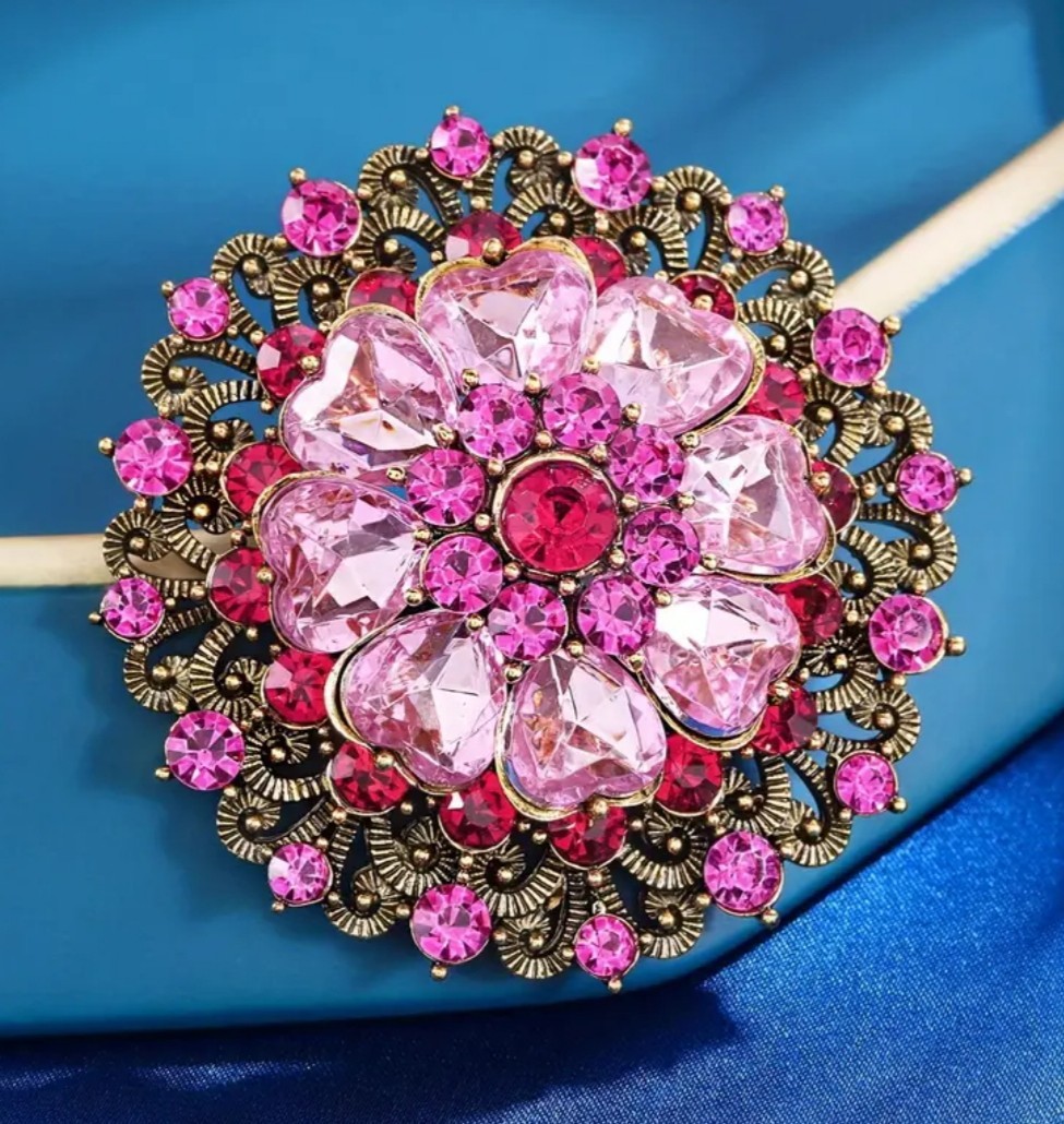 BIG PINK ROSE RHINESTONE ART DECO FLOWER BROOCH PIN~MOTHER’S DAY~BIRTHDAY GIFT