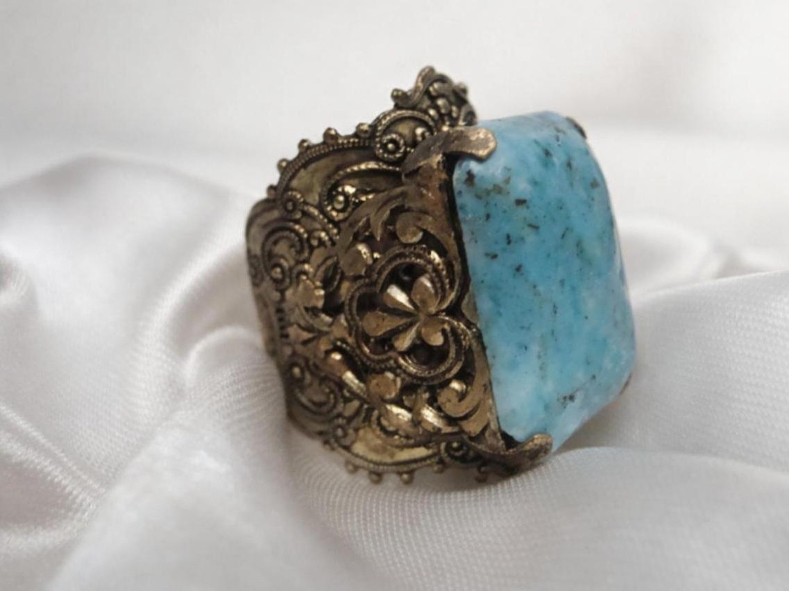 Vintage Large Statement Ring Brass Filigree Setting Blue Peking Glass Adjustable
