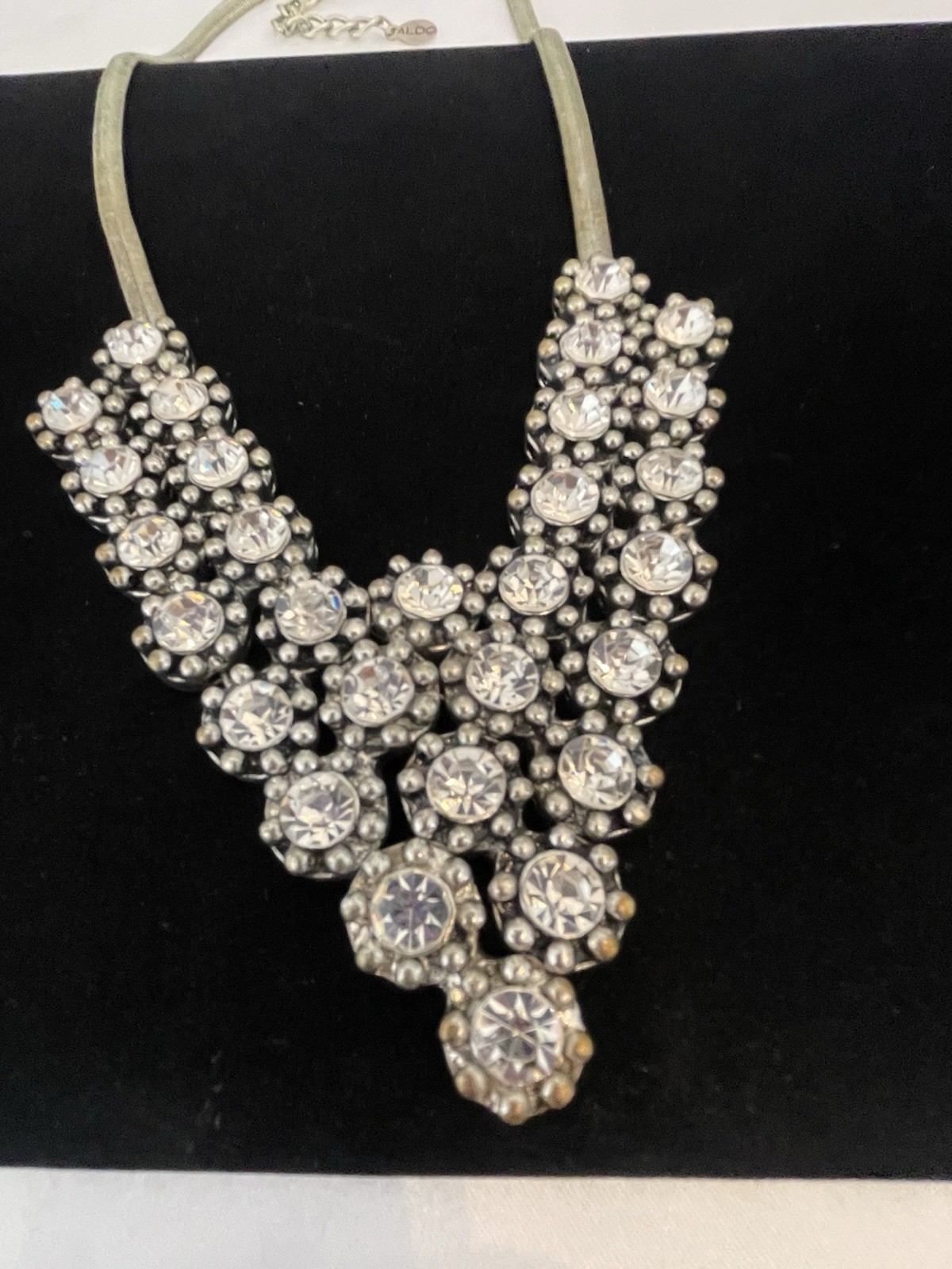 Vintage ALDO Drop “V” Rhinestone Necklace Silver Tone Snake Chain STATEMENT BIB