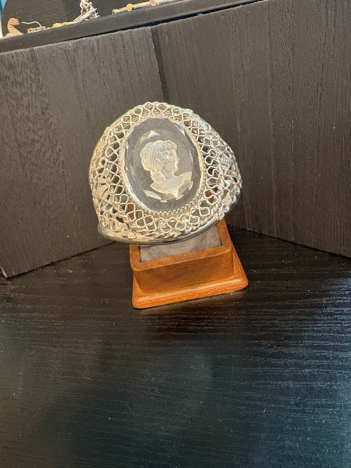 Whiting & Davis massive cuff bracelet clear cut cameo silver tone sz 6.5 vintage