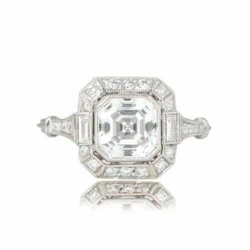 2.95Ct Art Deco Style Asscher Lab Created Diamond Wedding 14K White Gold FN Ring