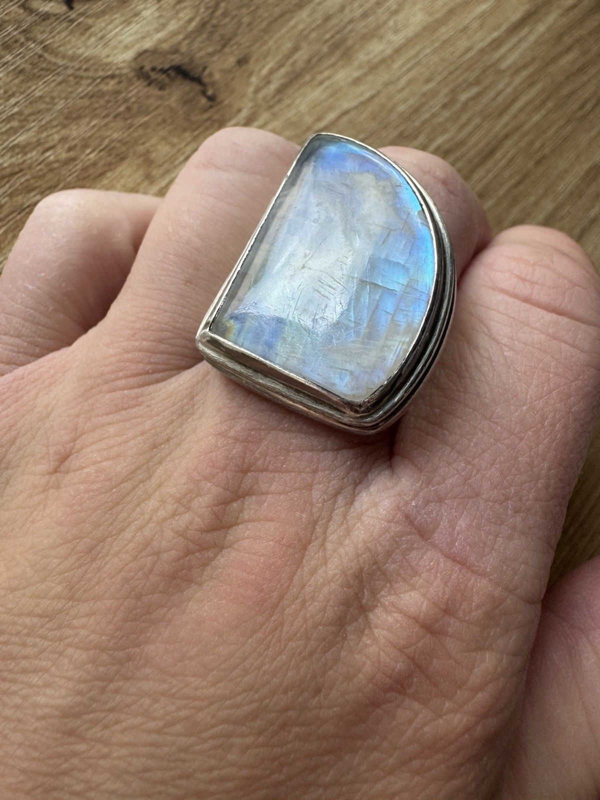 Vintage Silver Moonstone Asymmetrical Cabochon Bezel Set Statement Ring Size 8.5