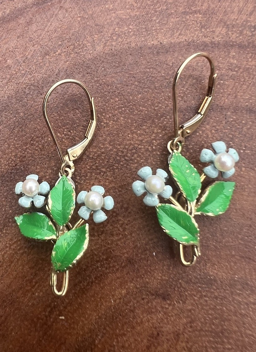 Vintage 14K Gold Overlay Enamel Pearl Blue Floral Leverback Dangle Earrings 1.5”