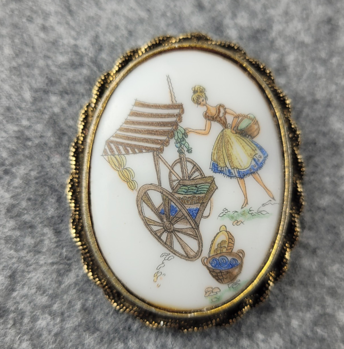 Vintage Lady Fruit and Vegetable Seller Cameo Gold Tone Brooch