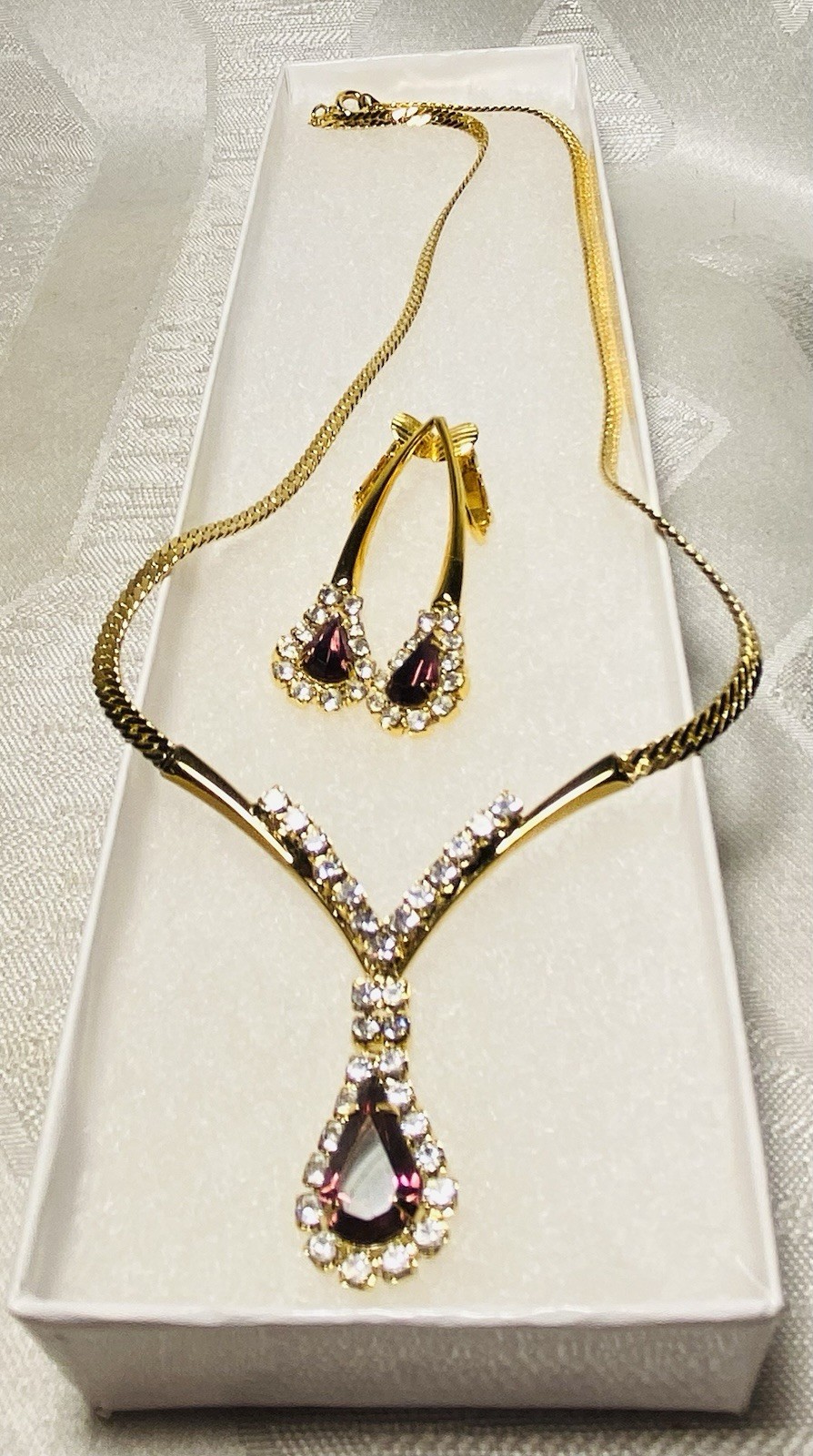Vintage Rhinestone Purple Teardrop Necklace & Earring Set Statement Jewelry 3pc