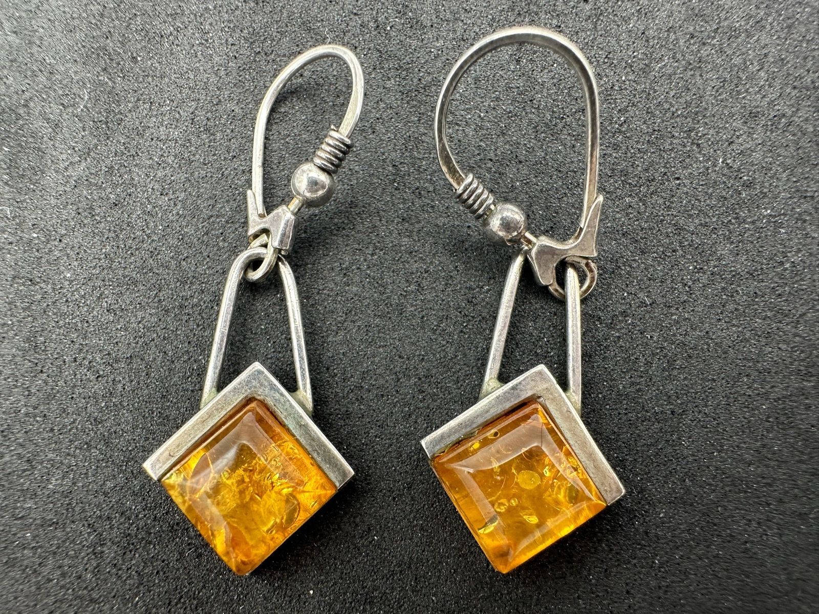 3.94g Vintage Sterling Silver 925 Amber Tone Square Dangle Drop Earrings M