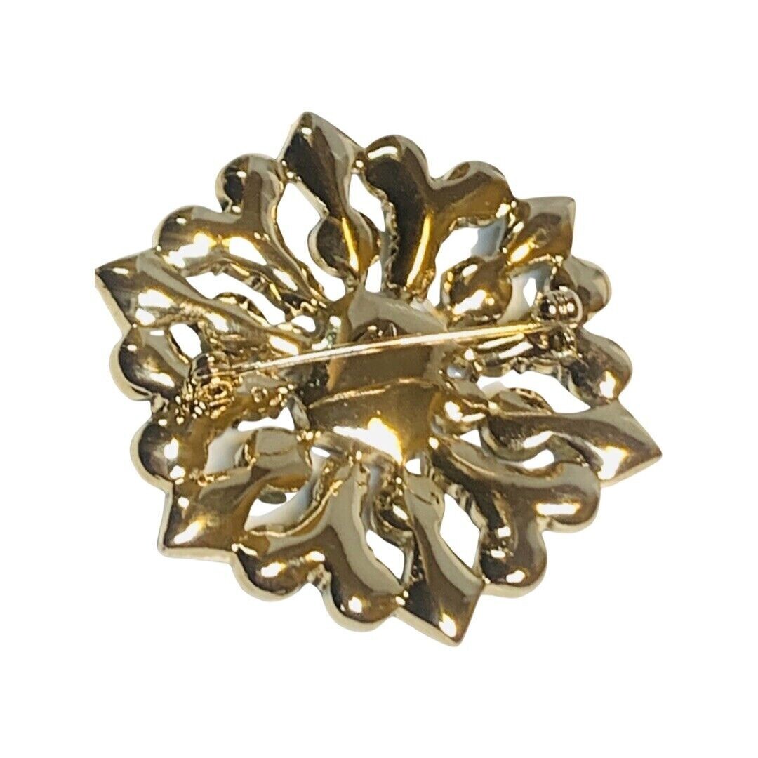 Liz Claiborne Green Rhinestone Brooch Pin 2” Gold Tone Flower
