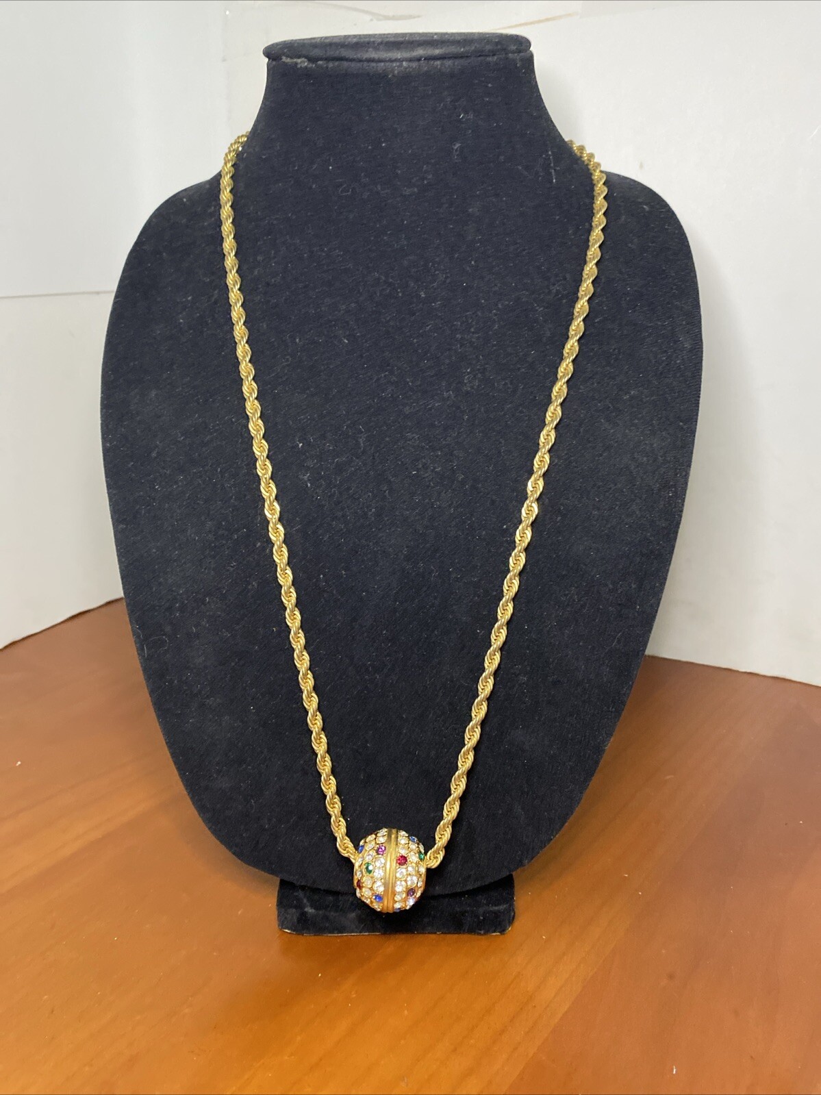 Vintage Big Gold Tone Crystal Rhinestone Ball Slide Rope Chain Necklace 28”
