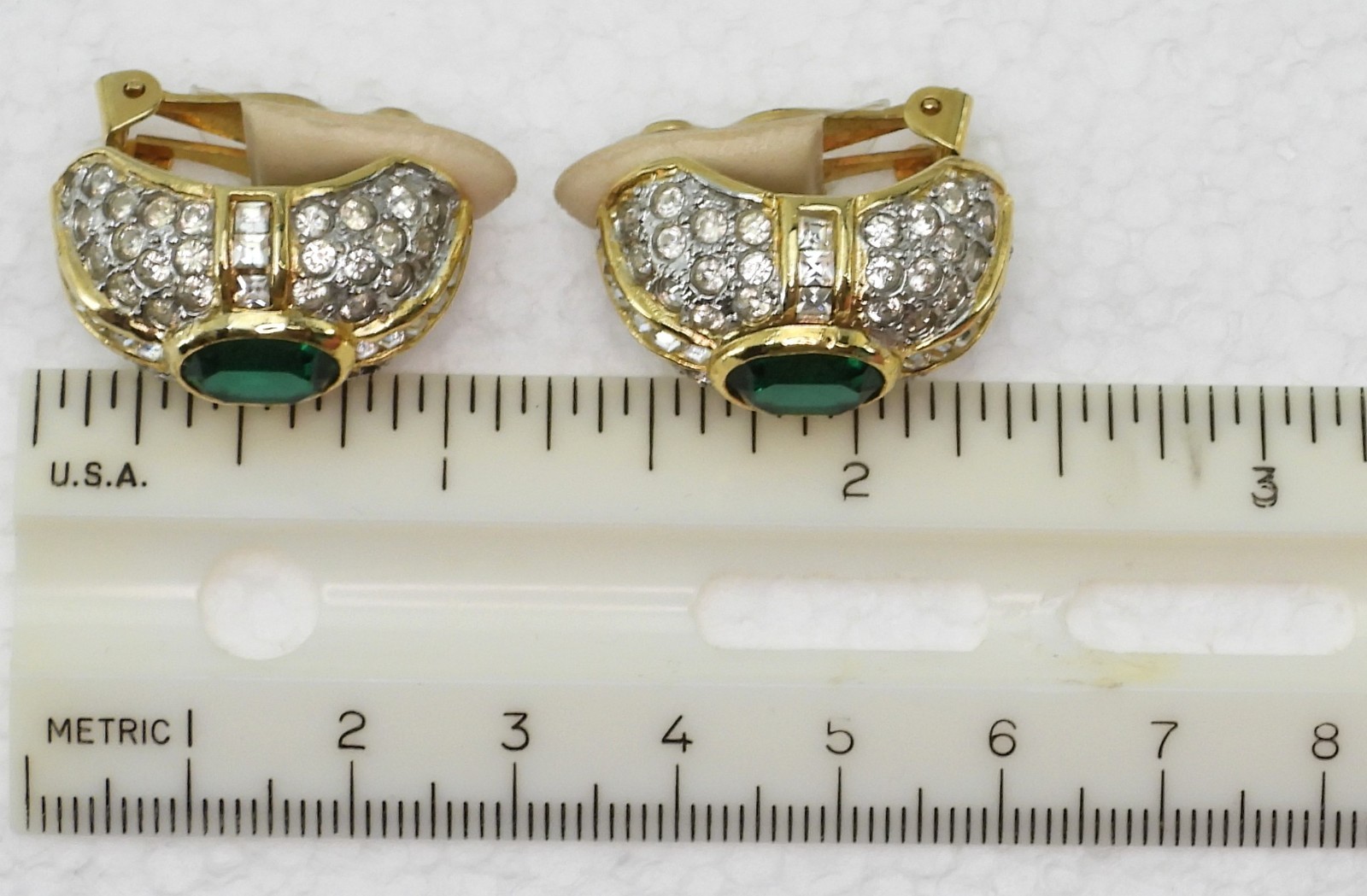Vtg LES BERNARD Domed Earrings Clear Crystals & Faux Center Oval Green Emerald
