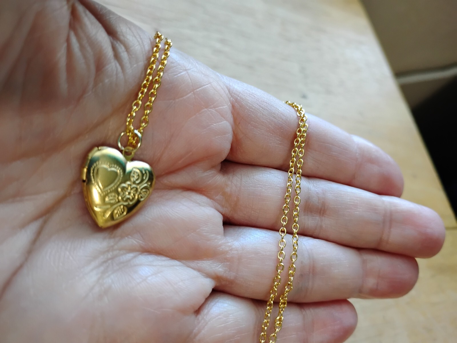 Gold Heart Locket necklace etched flower 14K gold plated chain Retro Vintage