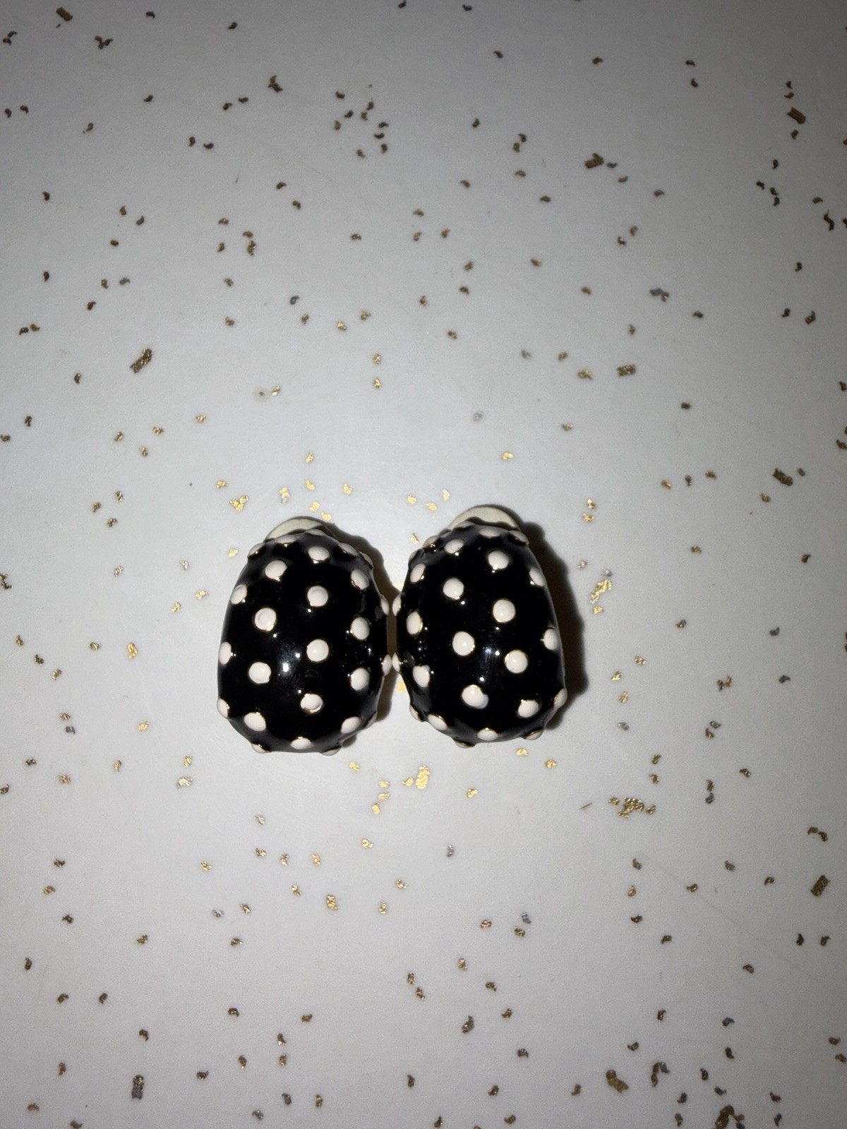 Vintage Joan Rivers Black Enamel White Polka Dot Domed Egg Clip-On Earrings