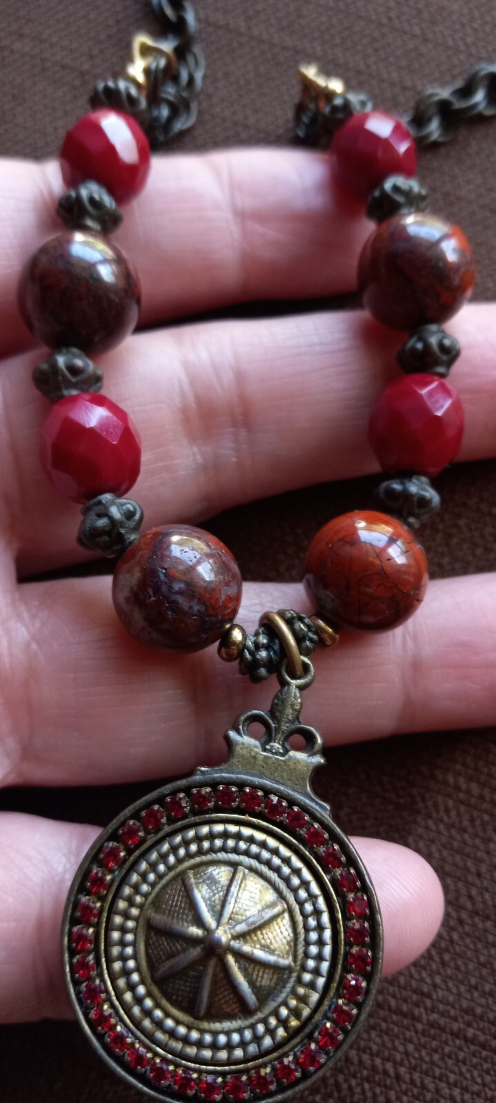 Rare Vintage Retired Grandmother Button Necklace ,Rhinestones, Marble Stones,…