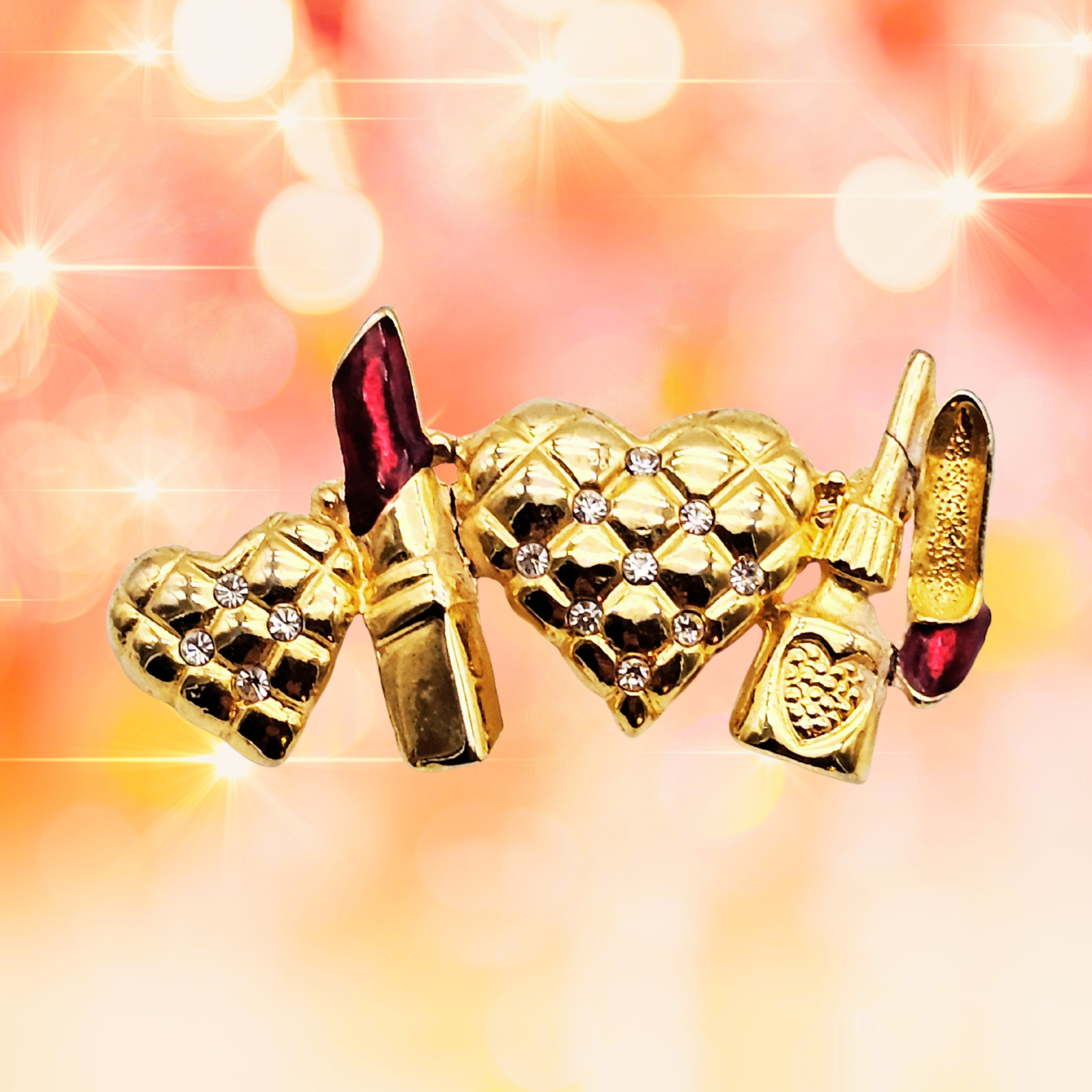 ✨ VTG Gold-Tone Hearts & Lipstick Brooch w/ Rhinestones Glam Beauty Retro Pin ✨